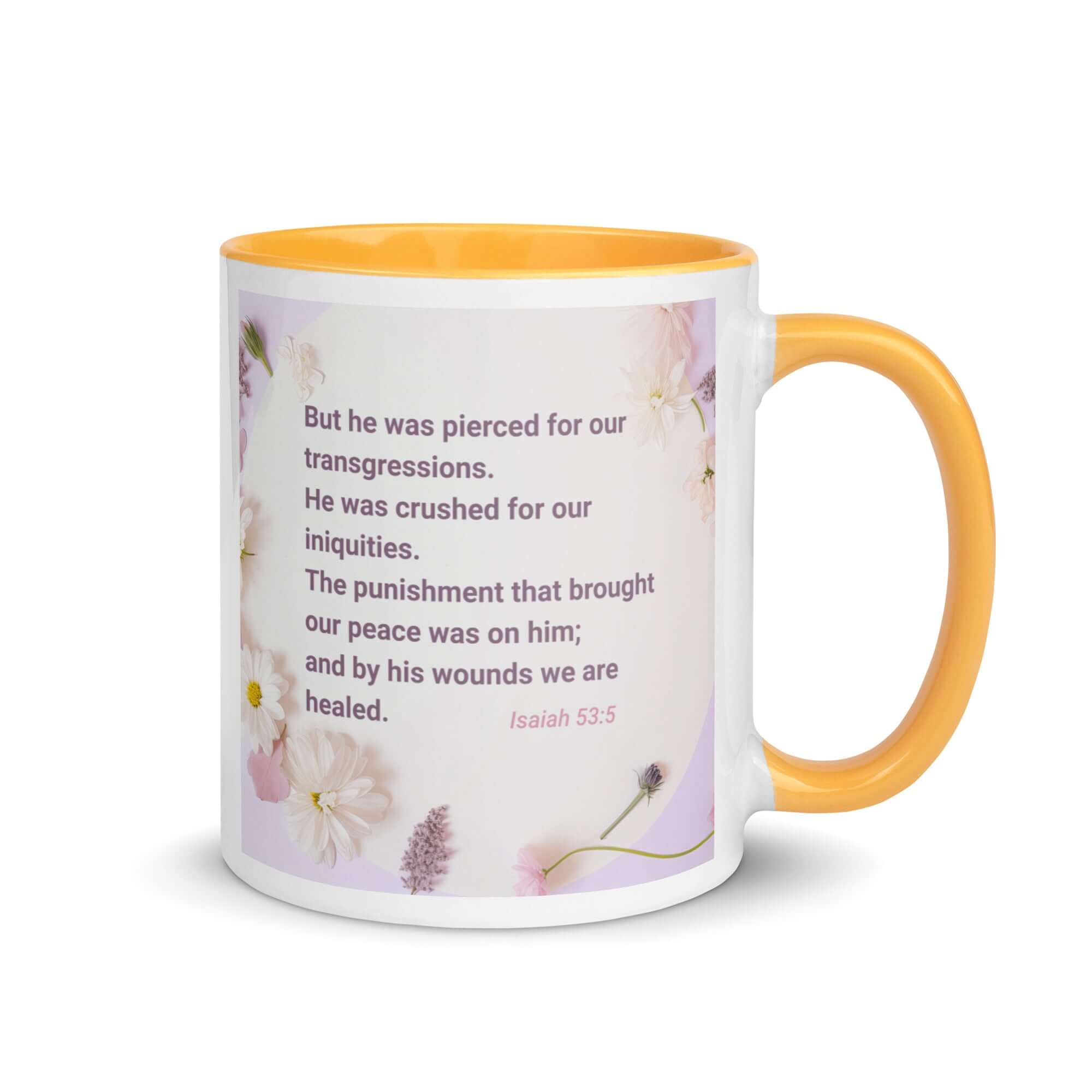 Isaiah 53:5 Bible Verse, by his wounds White Ceramic Mug with Color Inside Golden Yellow 11 oz