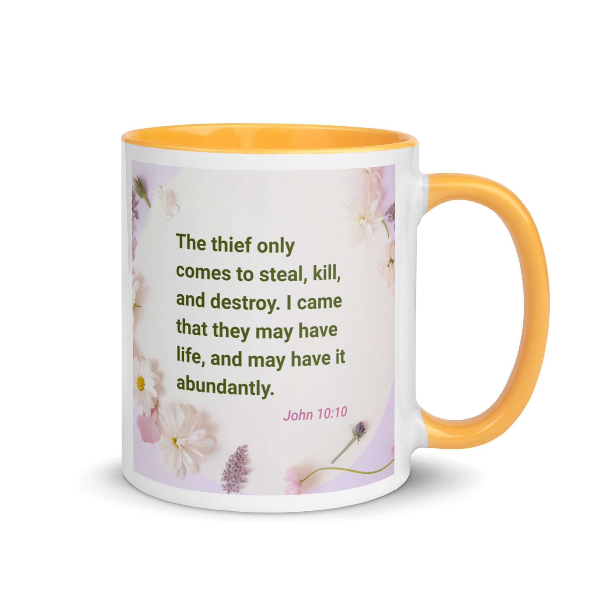John 10:10 Bible Verse, Abundant Life White Ceramic Mug with Color Inside Golden Yellow 11 oz