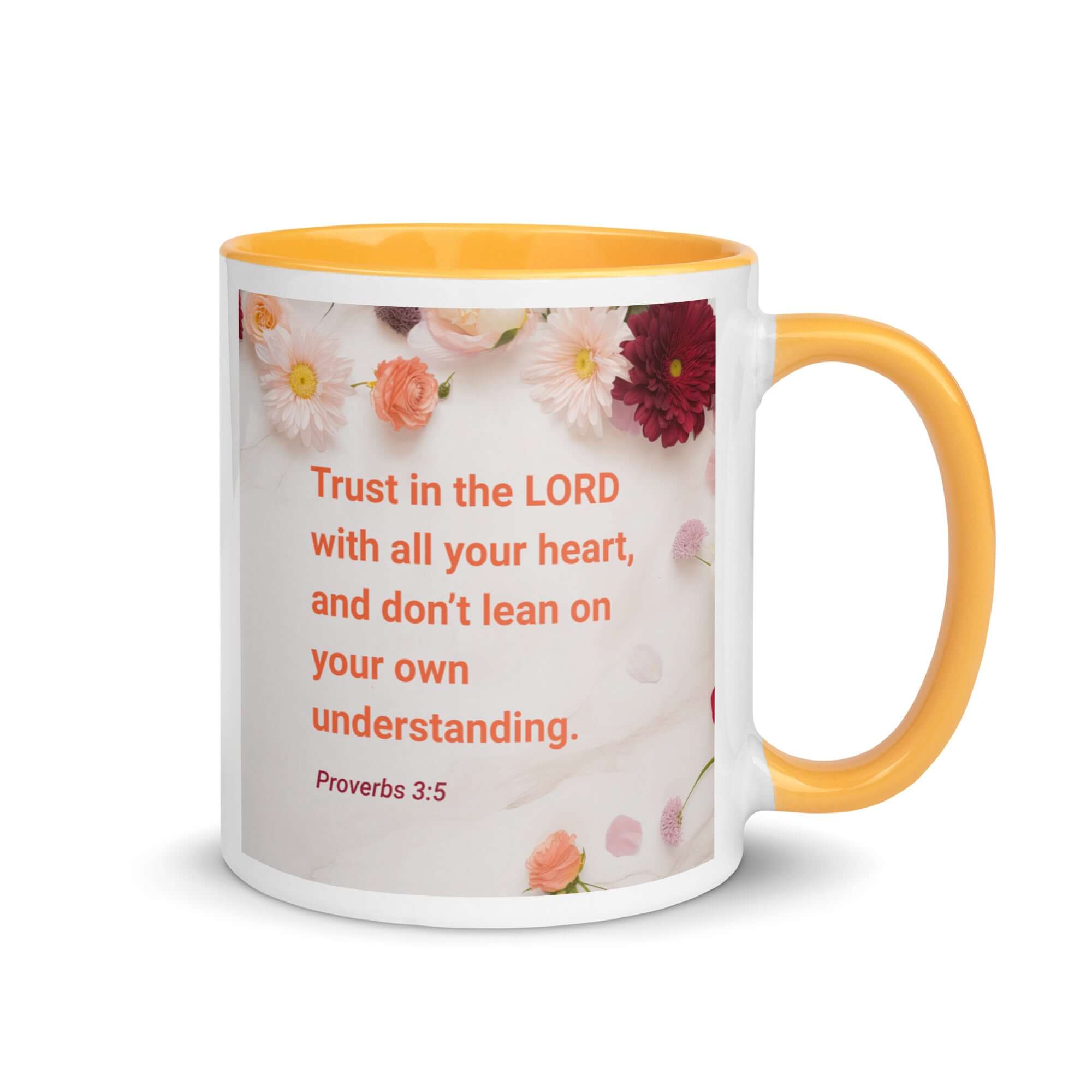 Proverbs 3:5 Bible Verse, Trust in the LORD White Ceramic Mug with Color Inside Golden Yellow 11 oz
