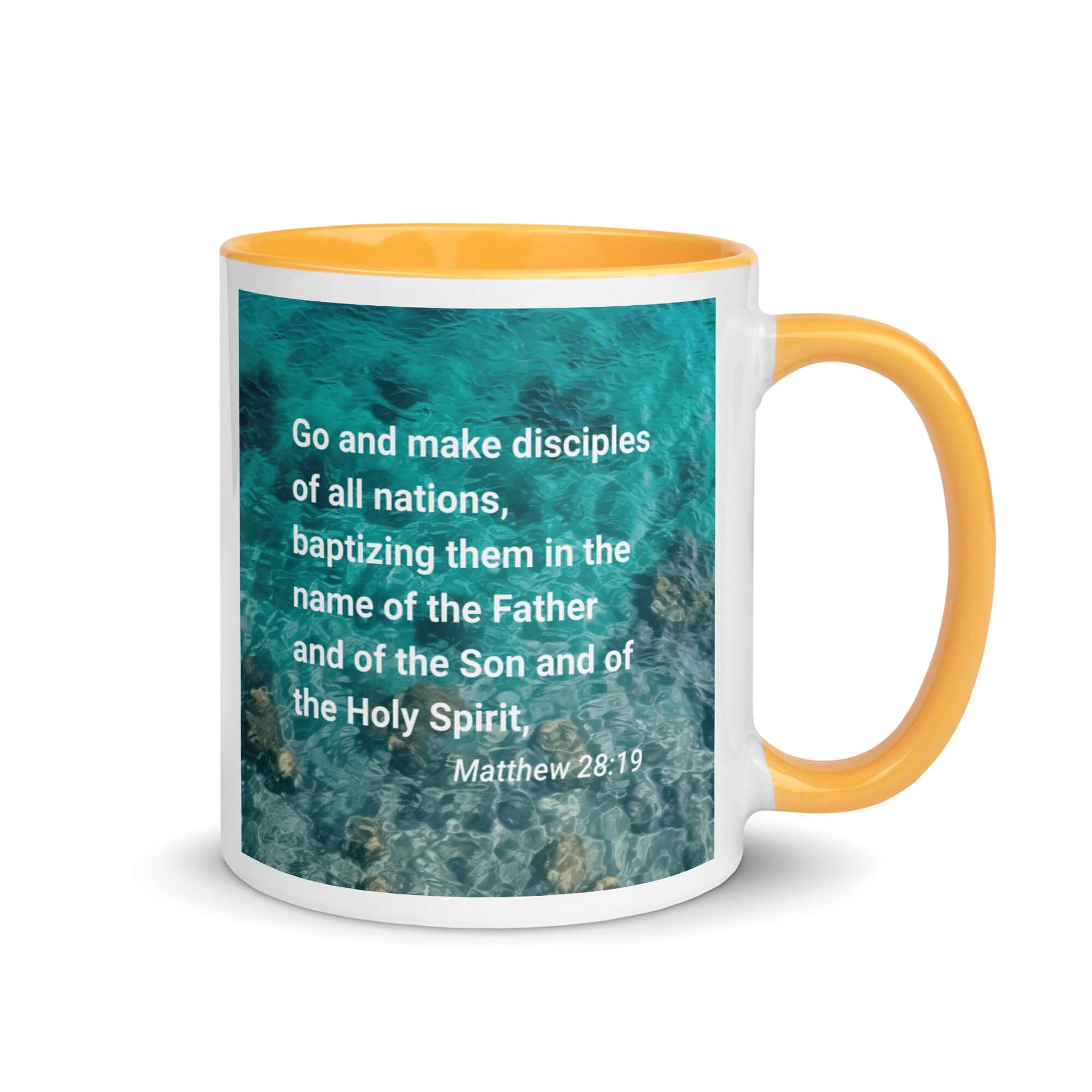 Matthew 28:19 Bible Verse, Make Disciples White Ceramic Mug with Color Inside Golden Yellow 11 oz