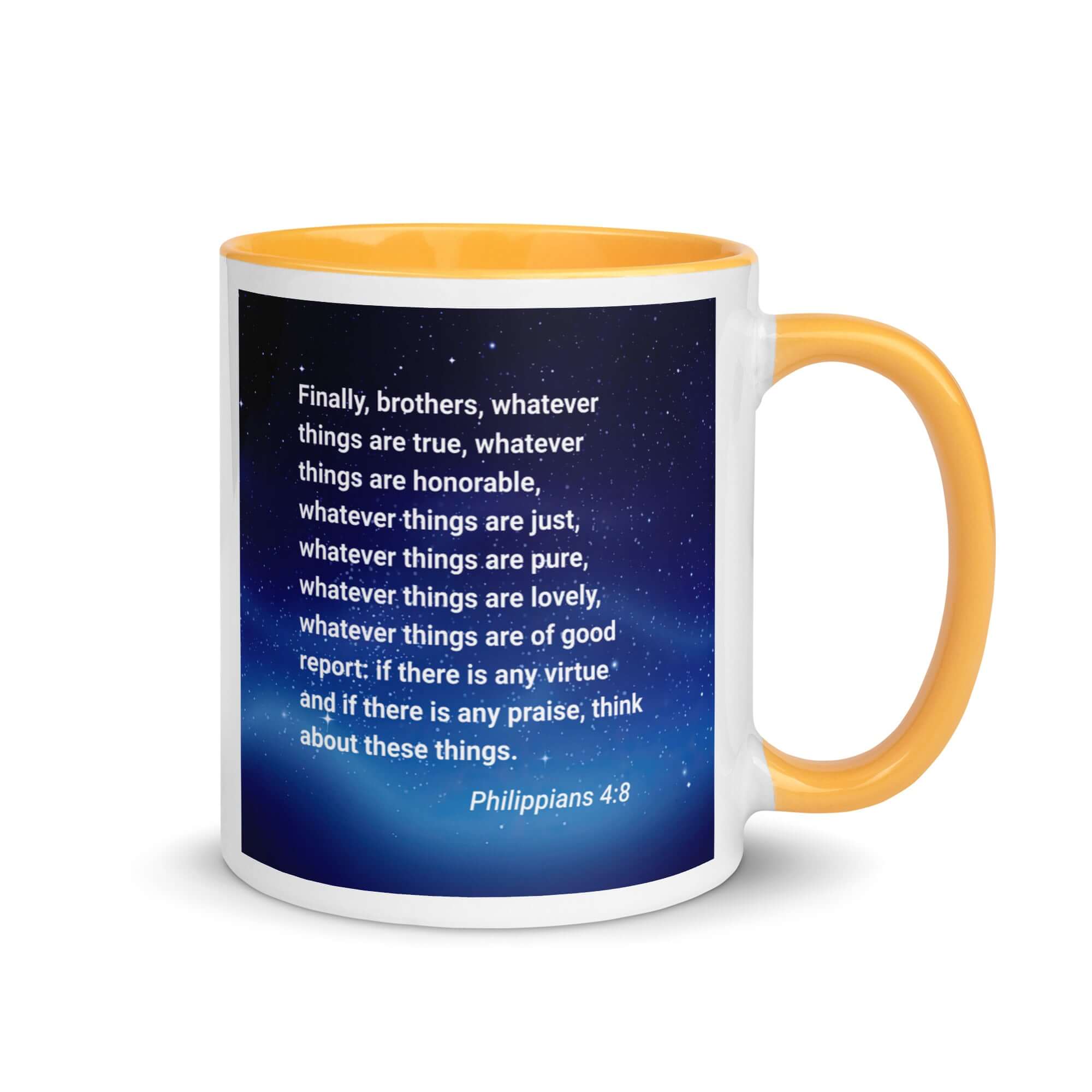 Philippians 4:8 Bible Verse, Think these things White Ceramic Mug with Color Inside Golden Yellow 11 oz