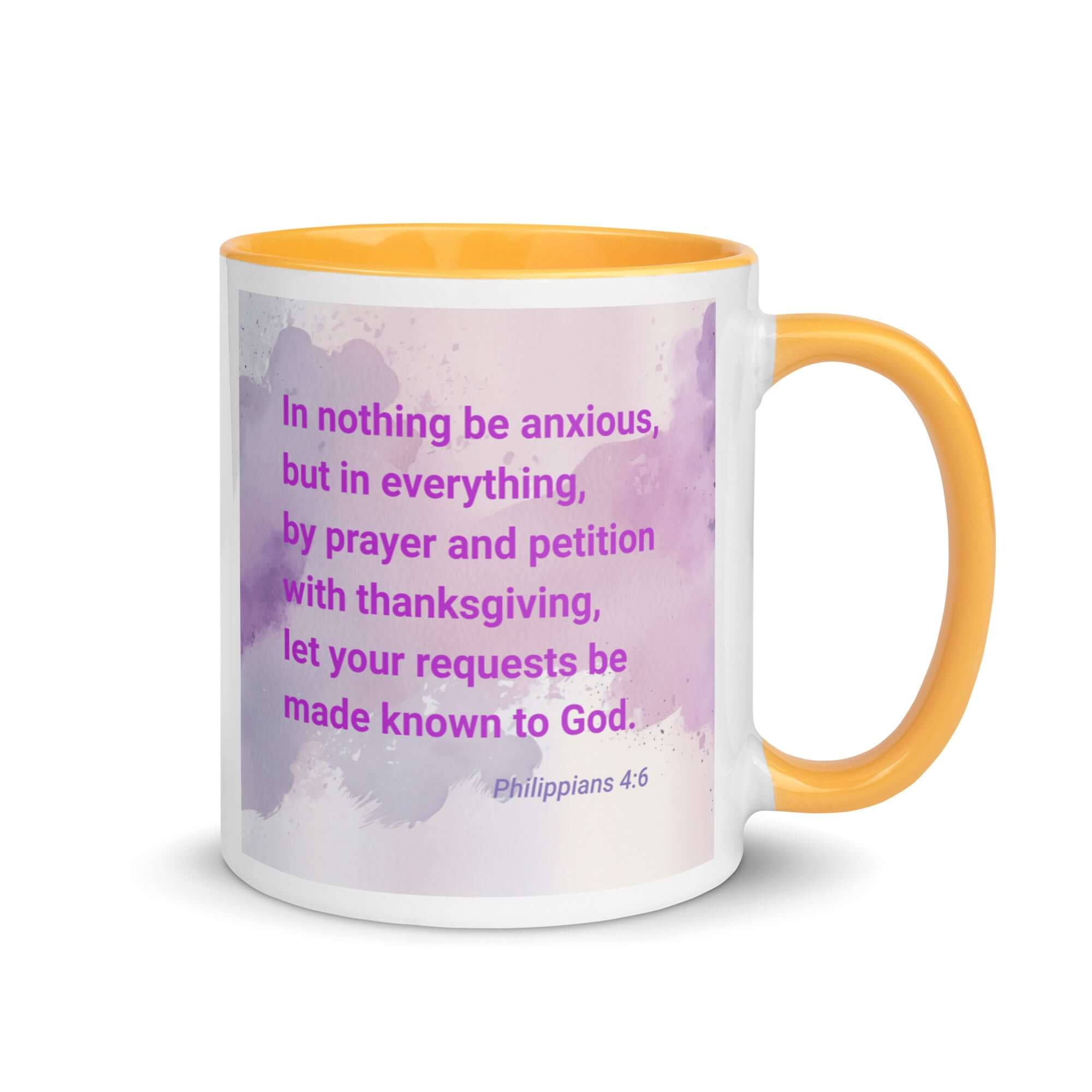 Philippians 4:6 Bible Verse, Prayer and Petition White Ceramic Mug with Color Inside Golden Yellow 11 oz