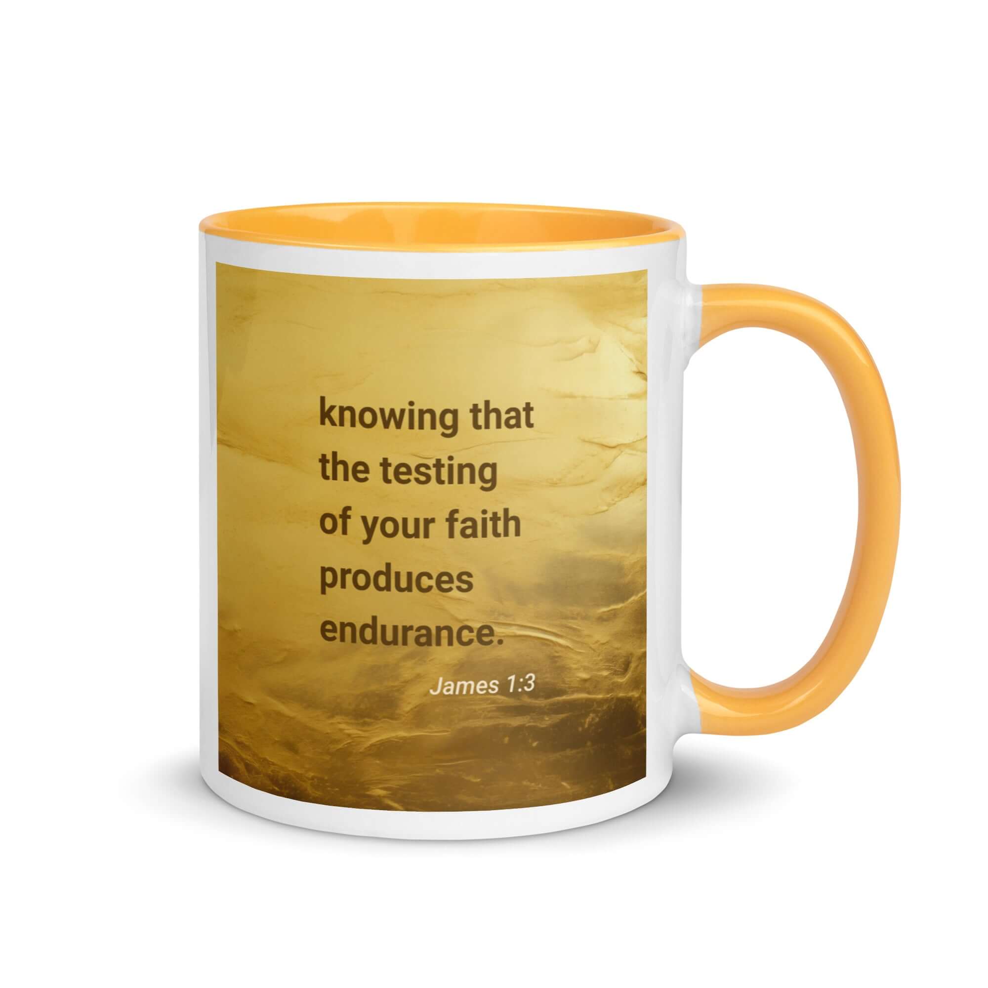 James 1:3 Bible Verse, testing of your faith White Ceramic Mug with Color Inside Golden Yellow 11 oz