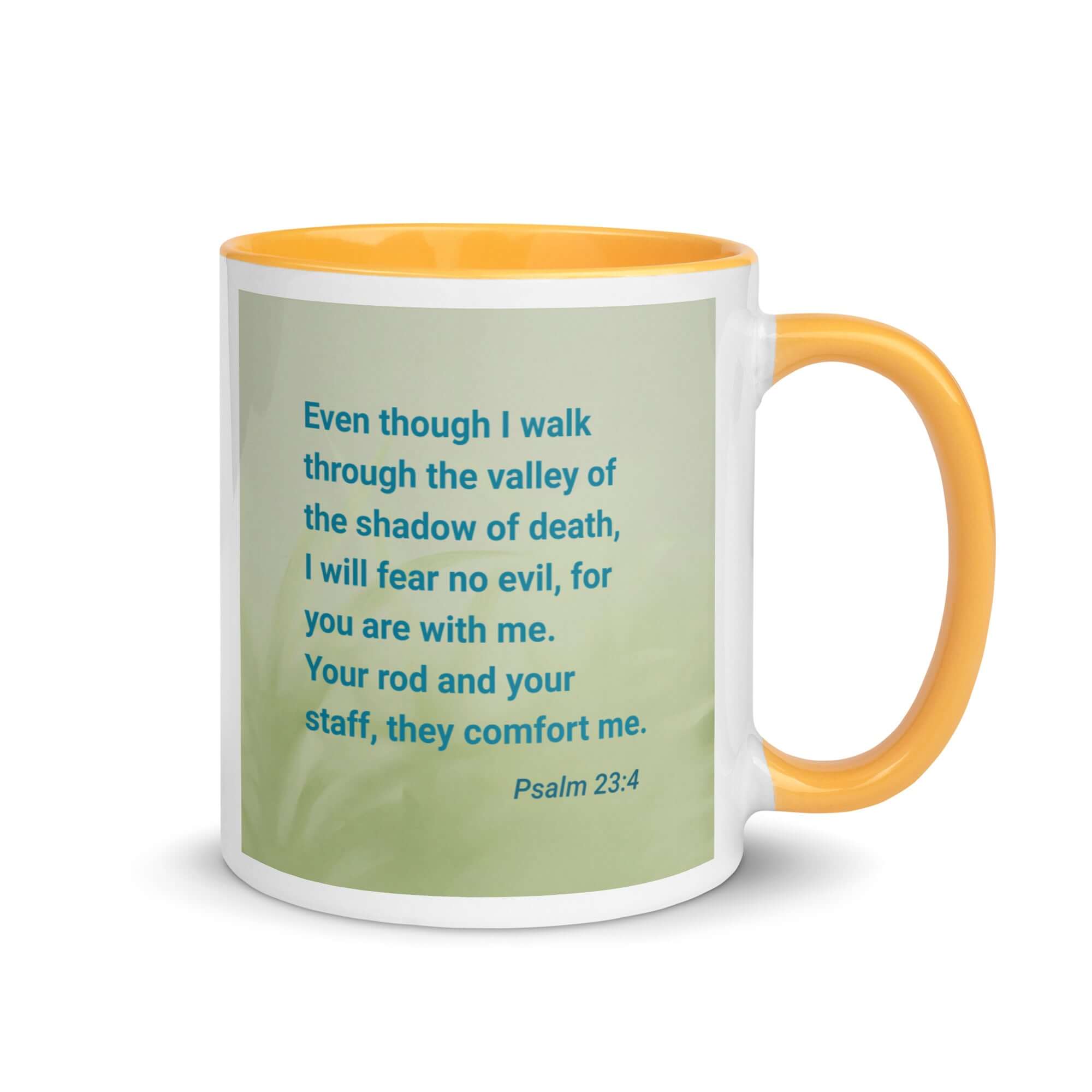 Psalm 23:4 Bible Verse, fear no evil White Ceramic Mug with Color Inside Golden Yellow 11 oz