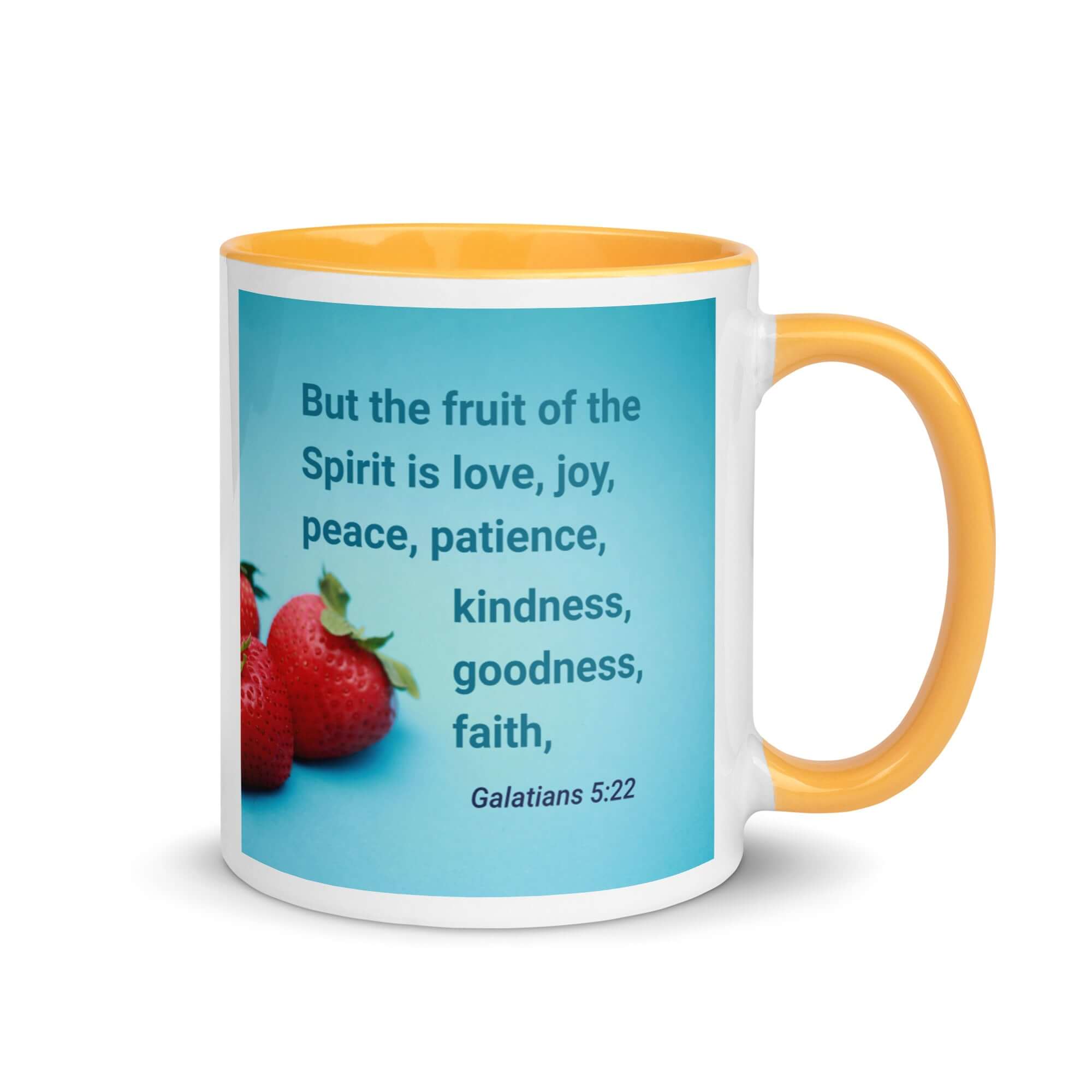 Galatians 5:22 Bible Verse, fruit of the Spirit White Ceramic Mug with Color Inside Golden Yellow 11 oz