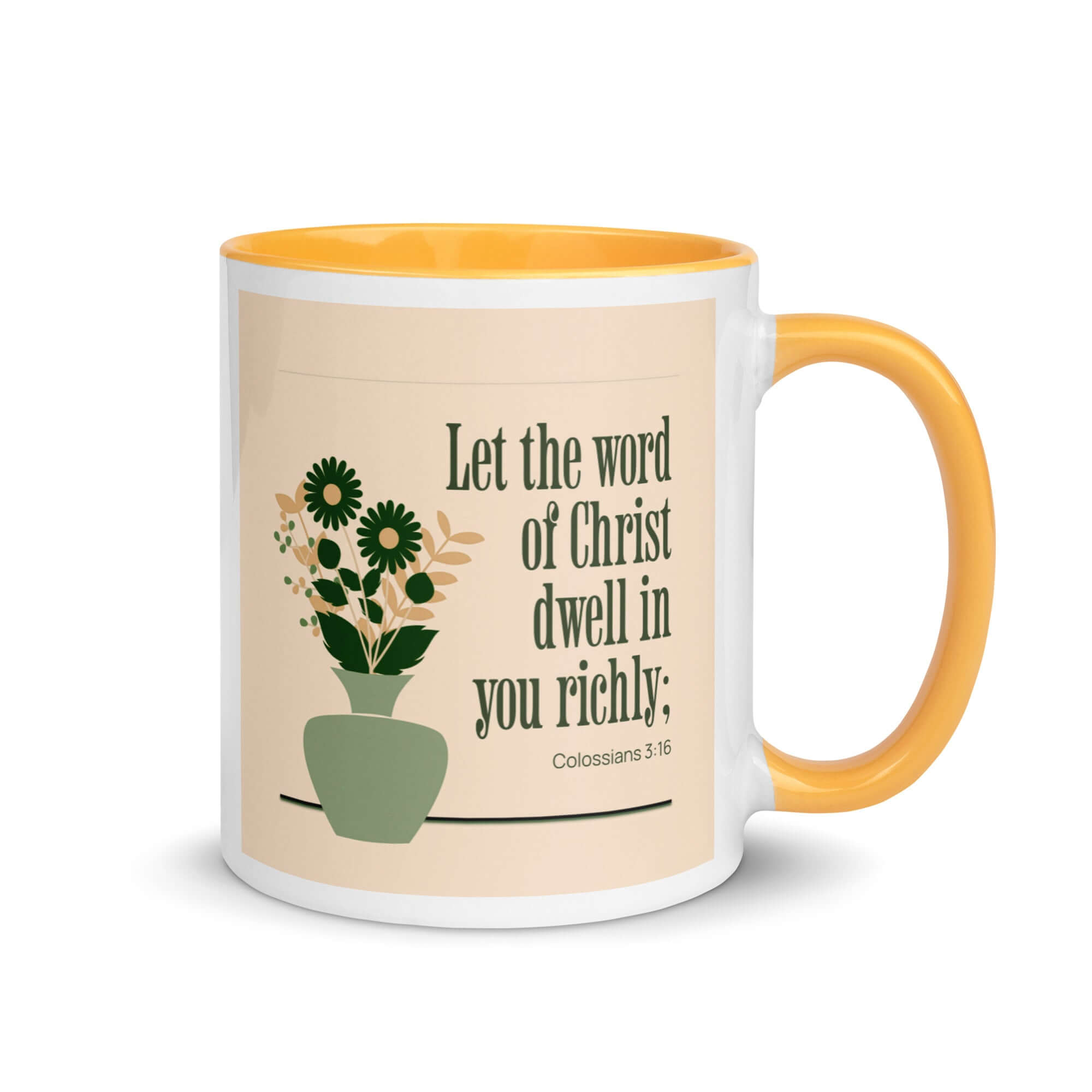 Colossians 3:16 Bible Verse, word of Christ White Ceramic Mug with Color Inside Golden Yellow 11 oz