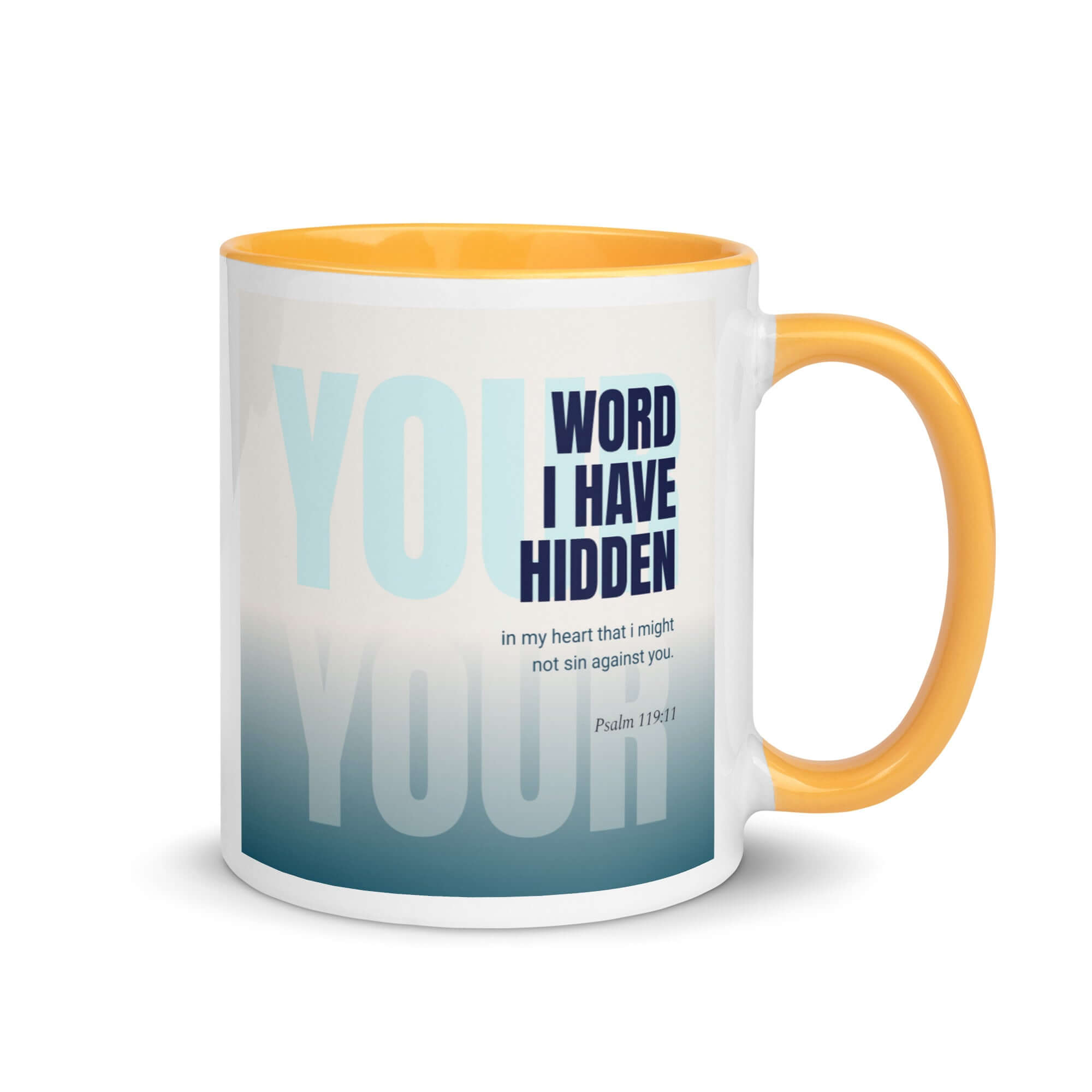 Psalm 119:11 Bible Verse, hidden your word White Ceramic Mug with Color Inside Golden Yellow 11 oz