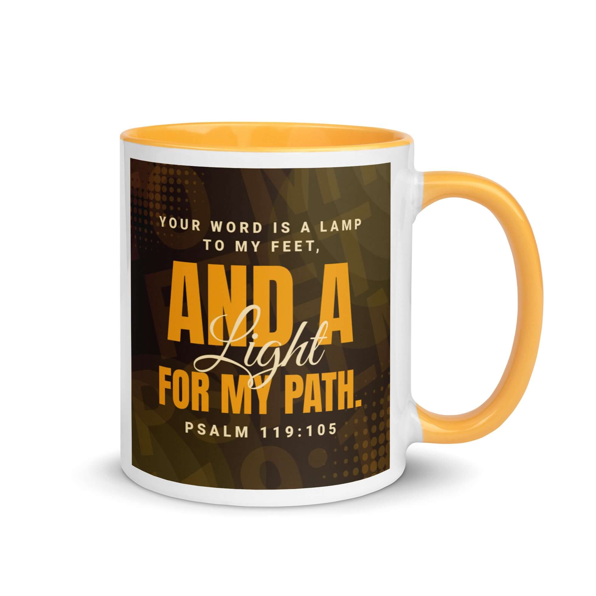 Psalm 119:105 Bible Verse, lamp to my feet White Ceramic Mug with Color Inside Golden Yellow 11 oz