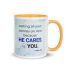 1 Peter 5:7 Bible Verse, casting all your worries on Him White Ceramic Mug with Color Inside Golden Yellow 11 oz