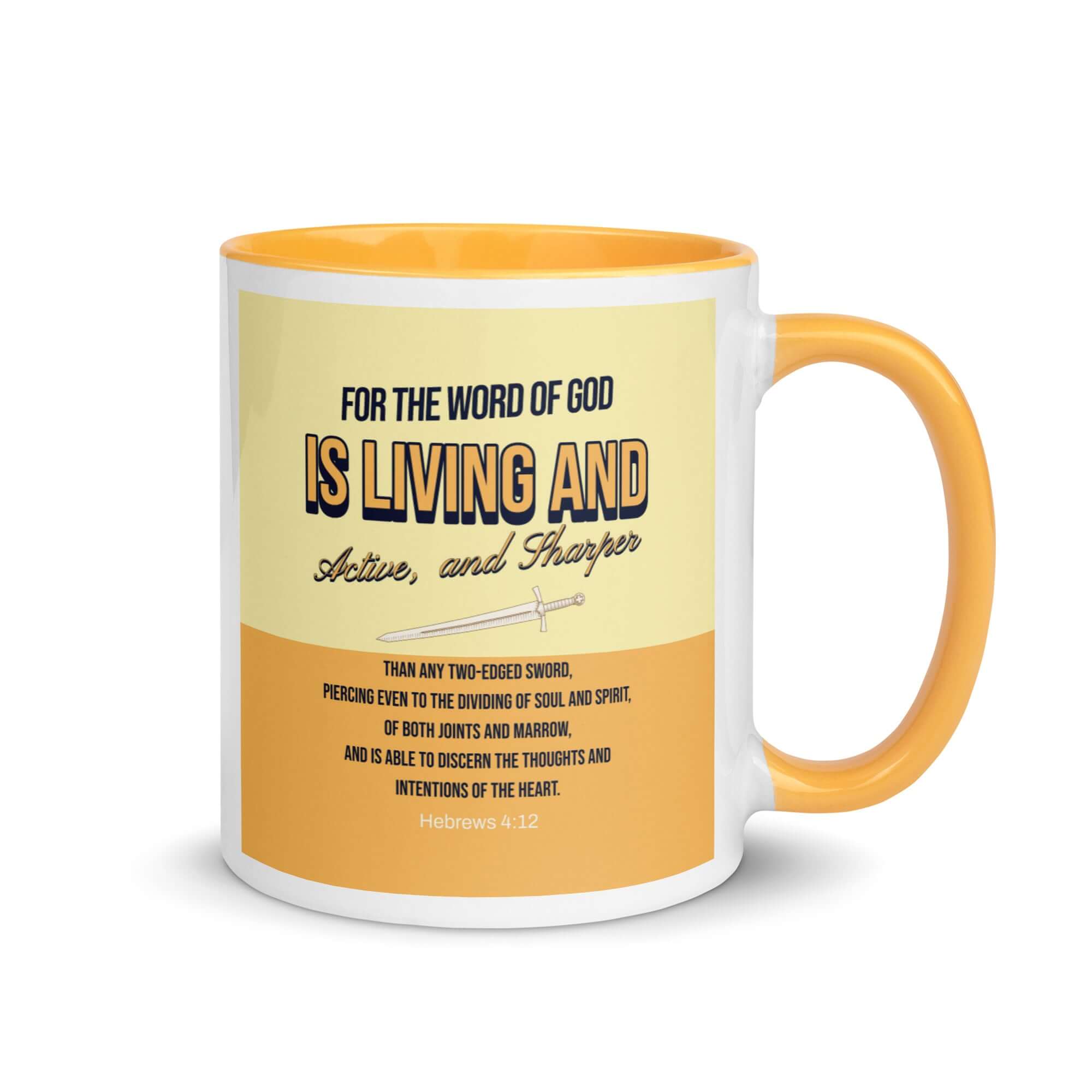 Hebrews 4:12 Bible Verse, living and active White Ceramic Mug with Color Inside Golden Yellow 11 oz