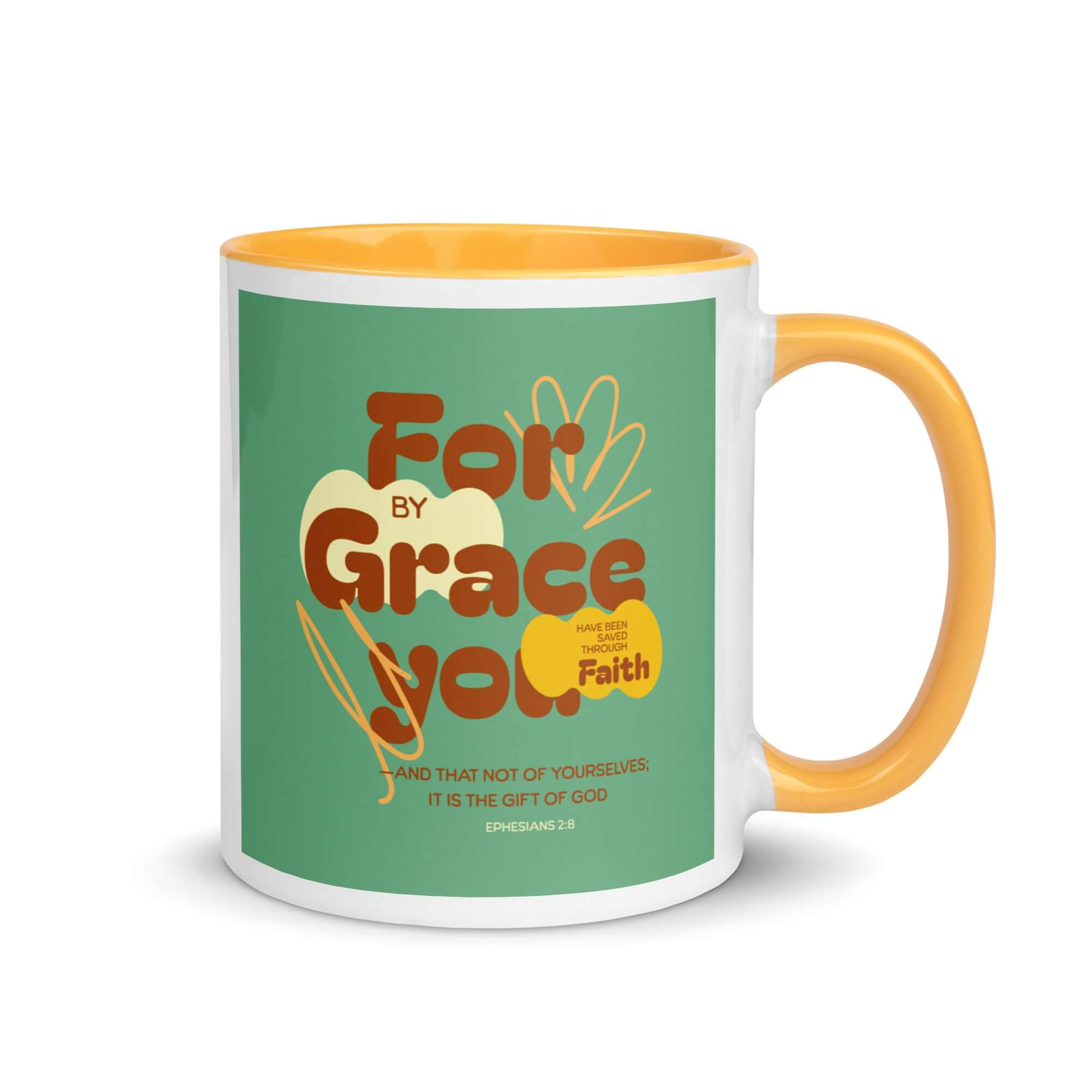 Ephesians 2:8 Bible Verse, for by grace White Ceramic Mug with Color Inside Golden Yellow 11 oz