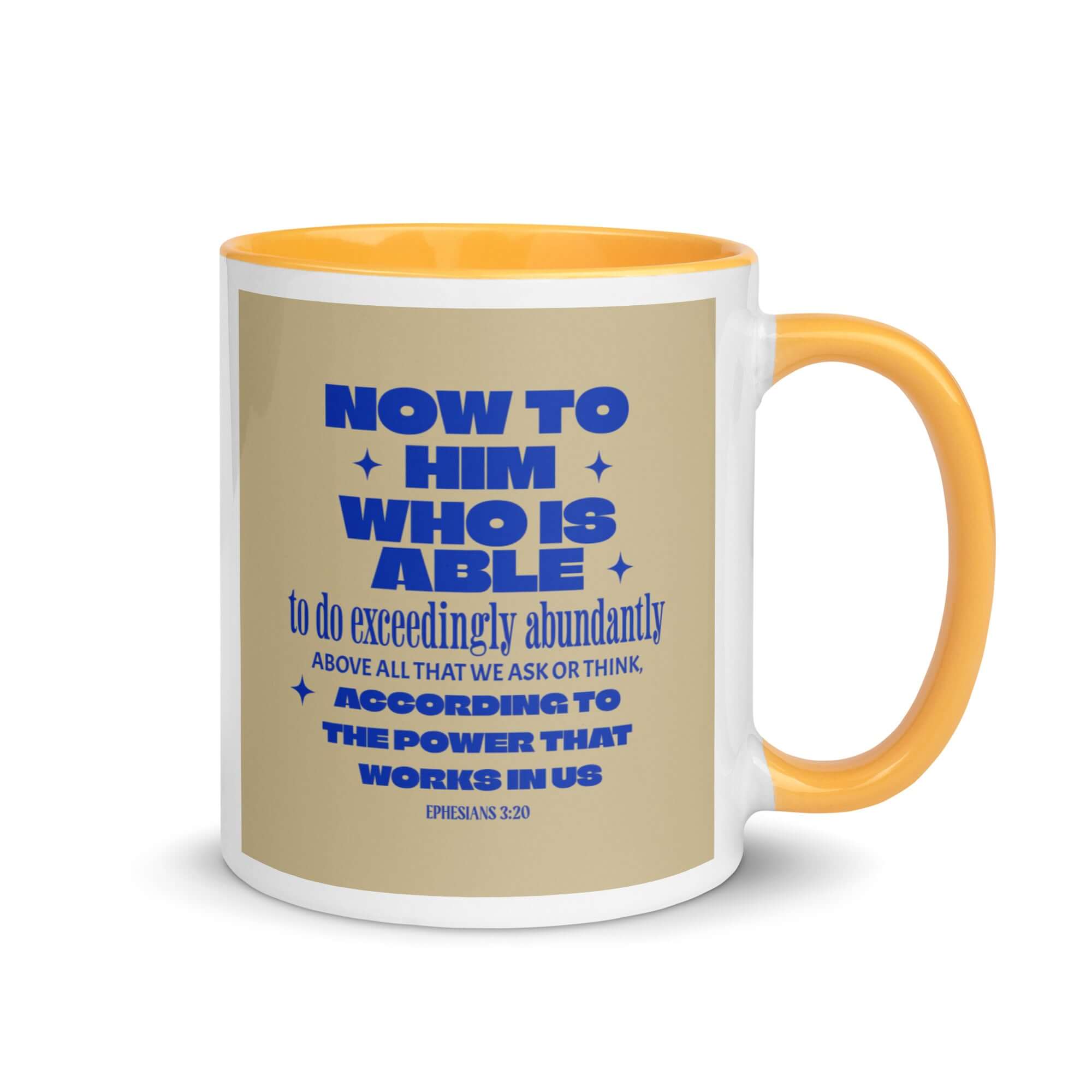 Ephesians 3:20 Bible Verse, power in us White Ceramic Mug with Color Inside Golden Yellow 11 oz