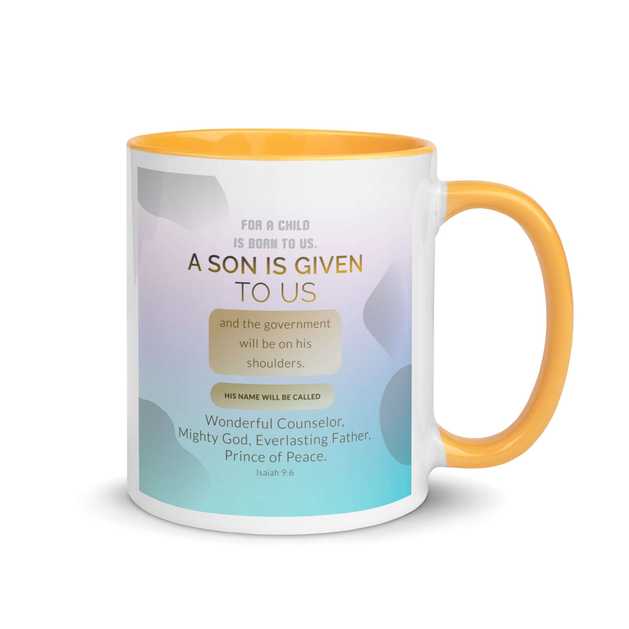 Isaiah 9:6 Bible Verse, Wonderful Counselor White Ceramic Mug with Color Inside Golden Yellow 11 oz