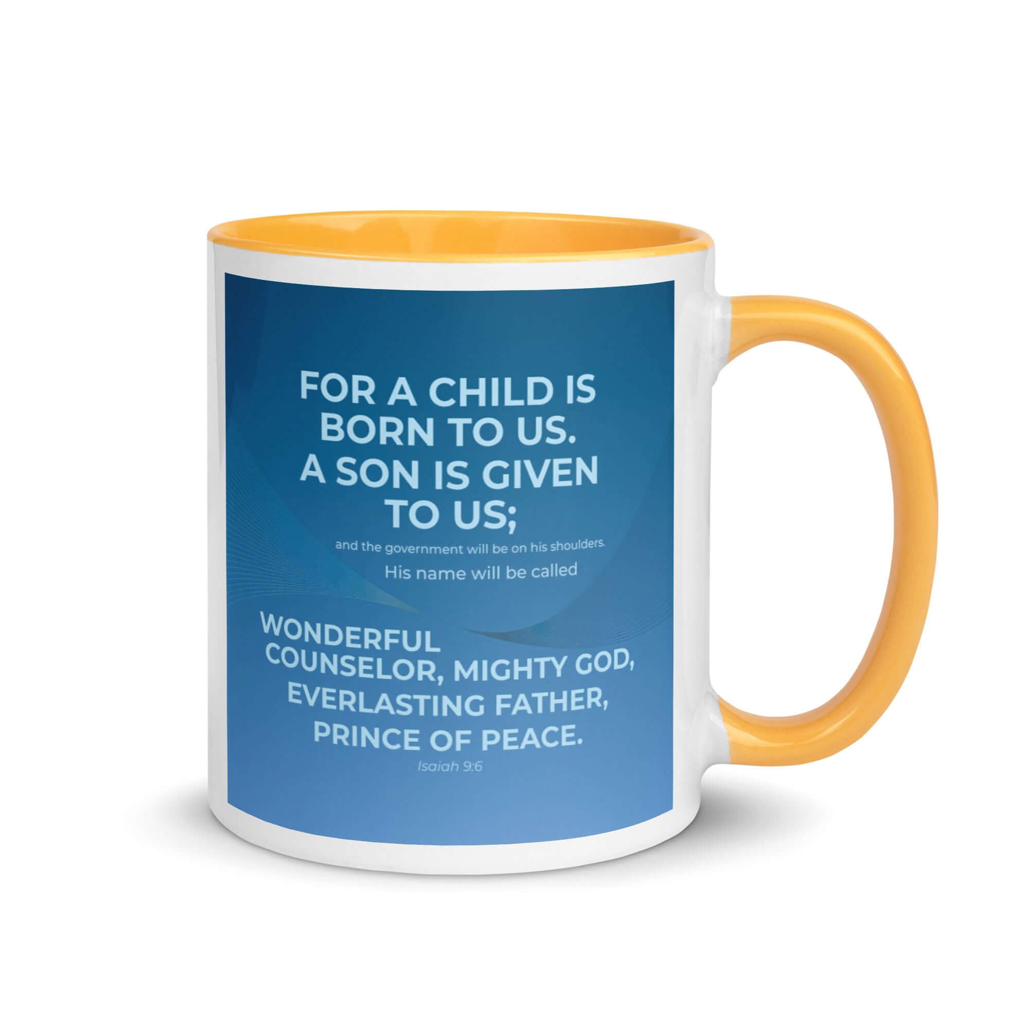Isaiah 9:6 Bible Verse, Everlasting Father White Ceramic Mug with Color Inside Golden Yellow 11 oz