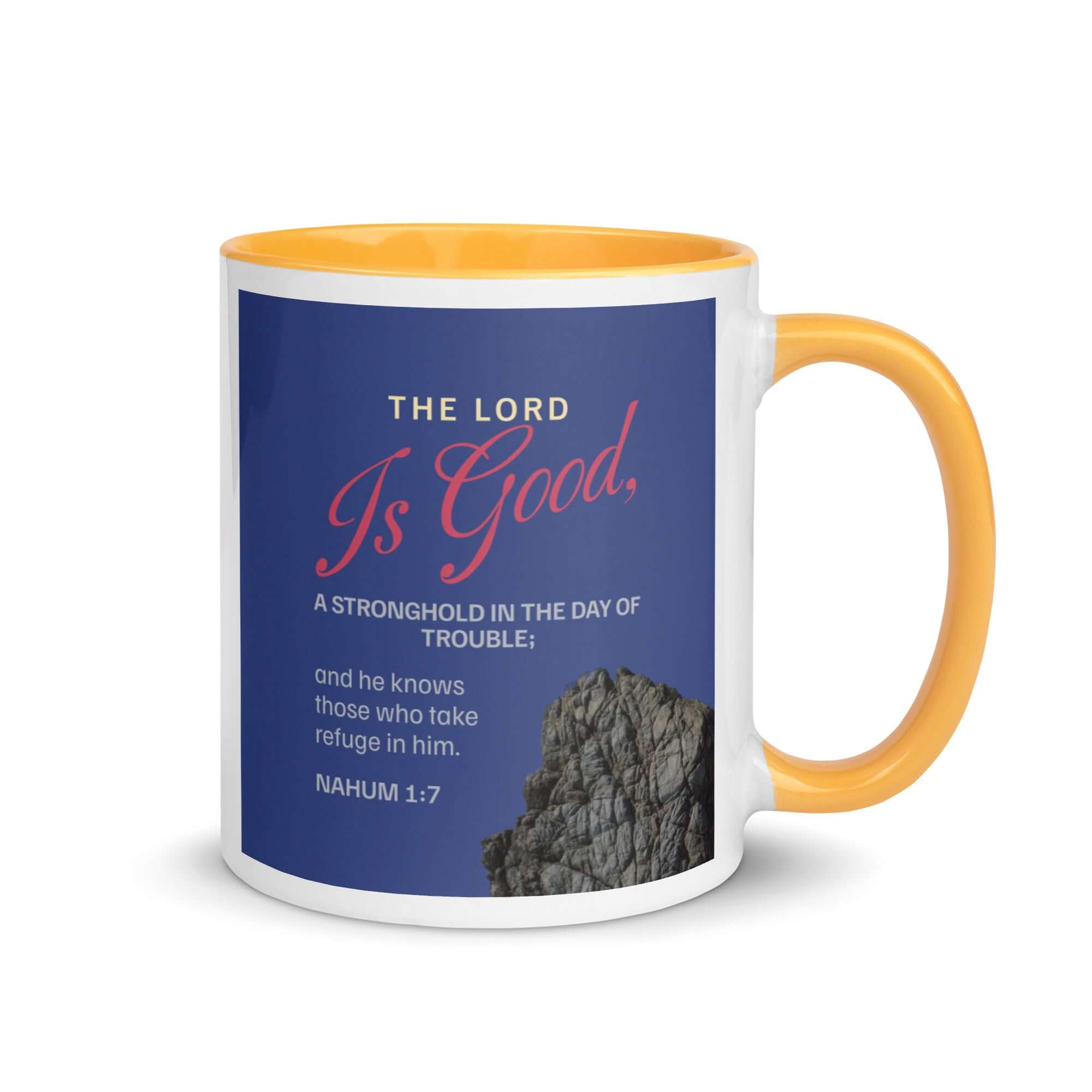 Nahum 1:7 Bible Verse, The LORD is good White Ceramic Mug with Color Inside Golden Yellow 11 oz