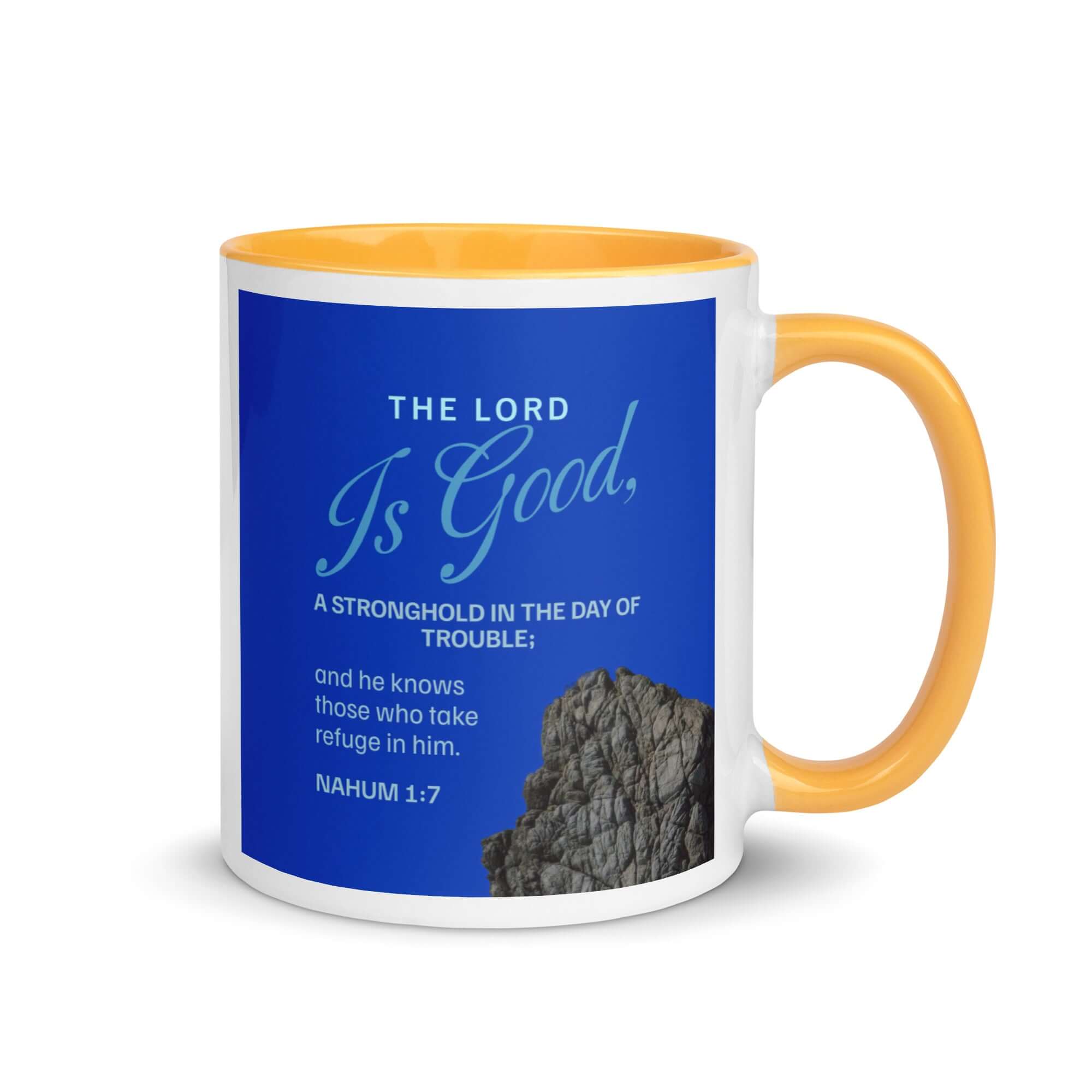 Nahum 1:7 Bible Verse, The LORD is a stronghold White Ceramic Mug with Color Inside Golden Yellow 11 oz