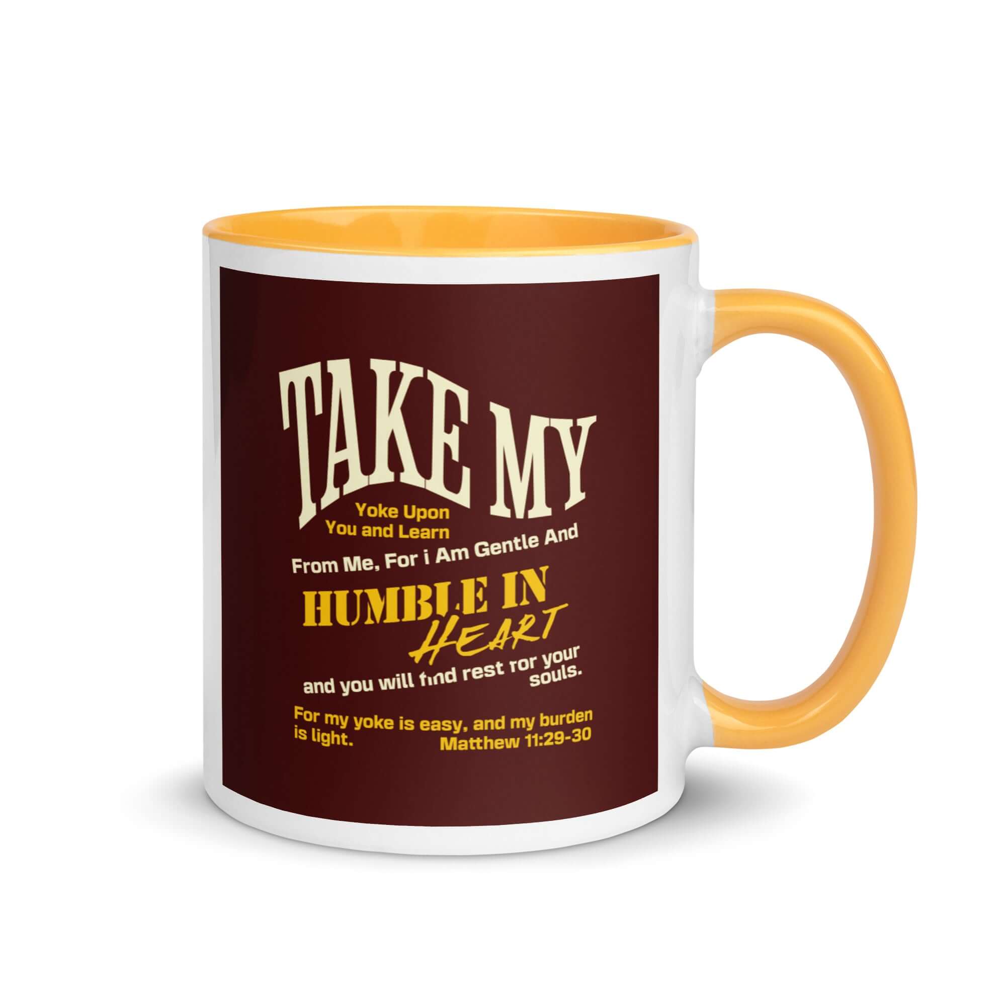 Matthew 11:29-30 Bible Verse, learn from me White Ceramic Mug with Color Inside Golden Yellow 11 oz