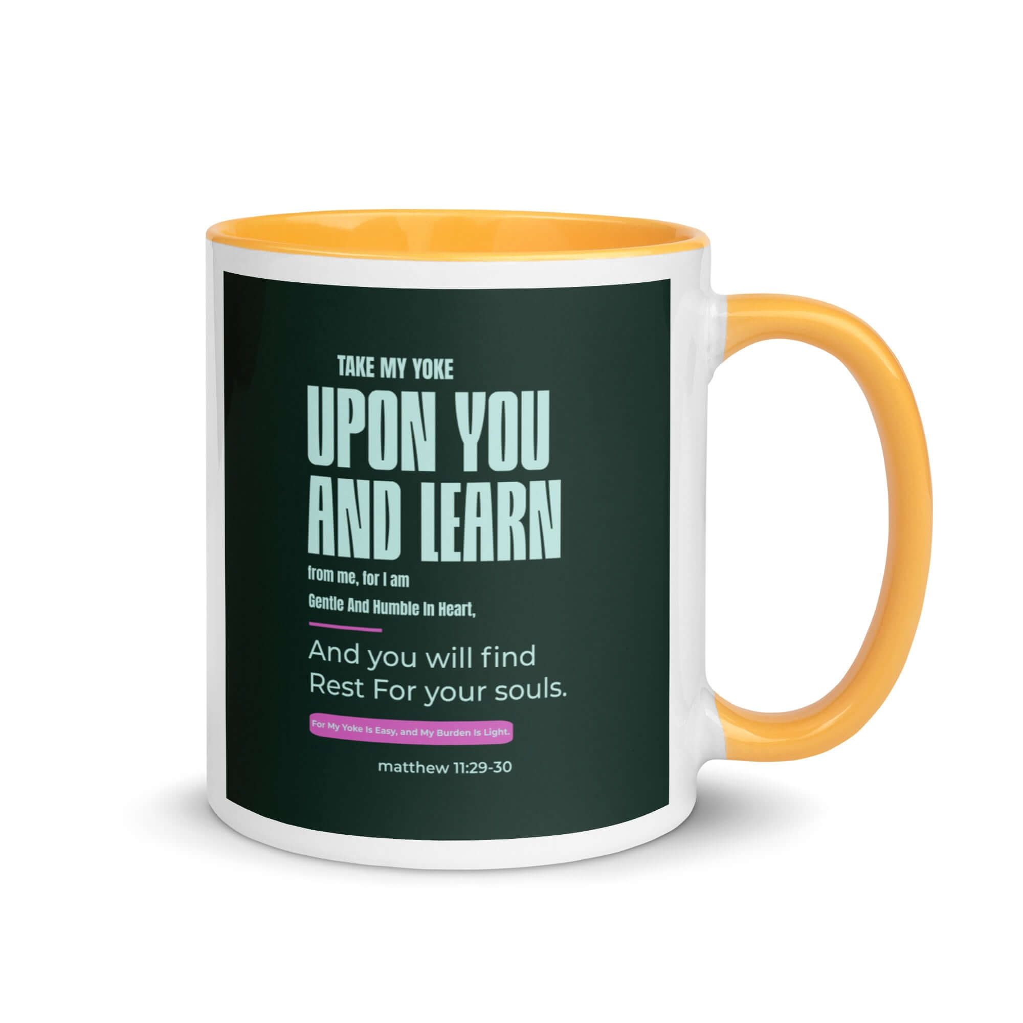Matthew 11:29-30 Bible Verse, I am gentle White Ceramic Mug with Color Inside Golden Yellow 11 oz
