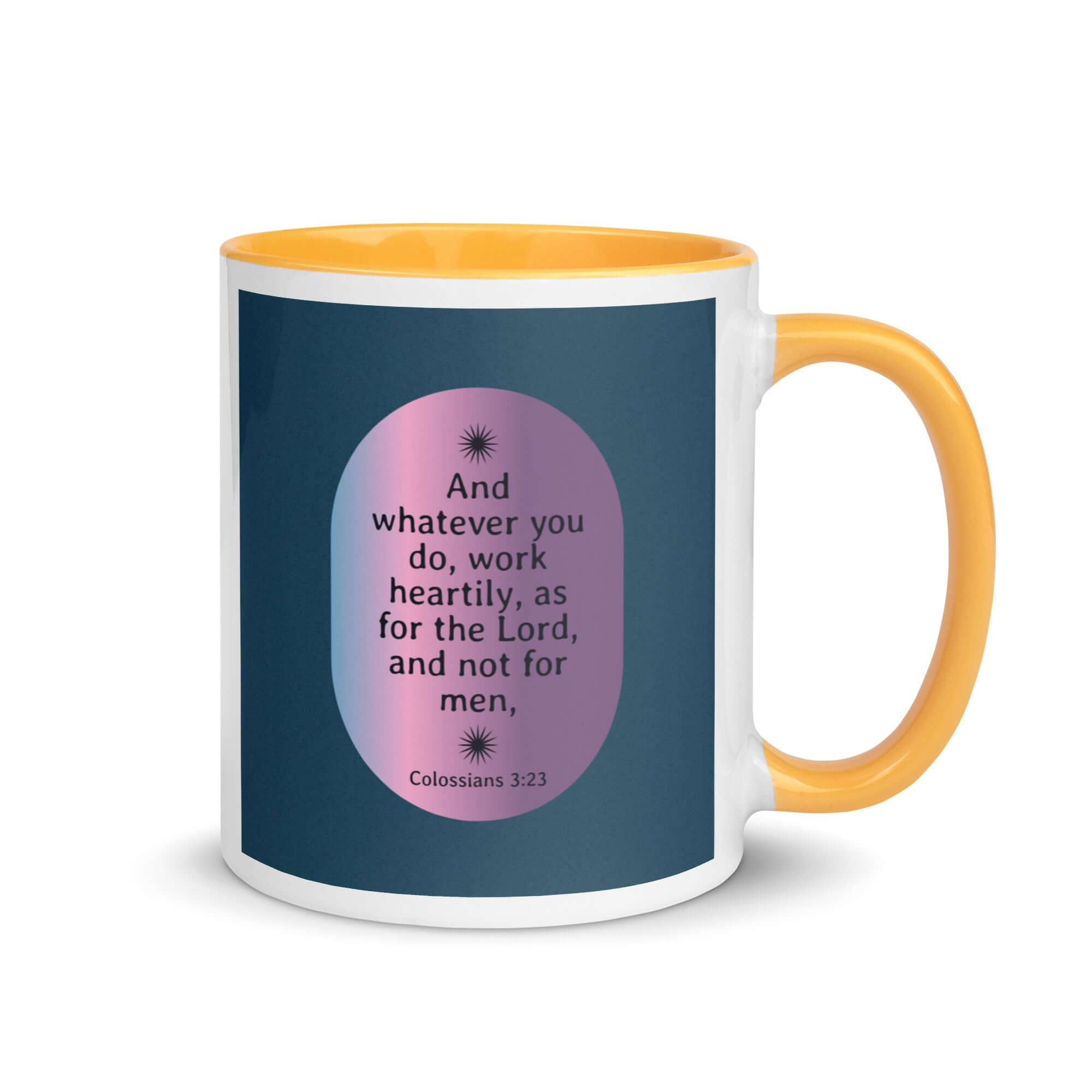 Colossians 3:23 Bible Verse, work heartily White Ceramic Mug with Color Inside Golden Yellow 11 oz