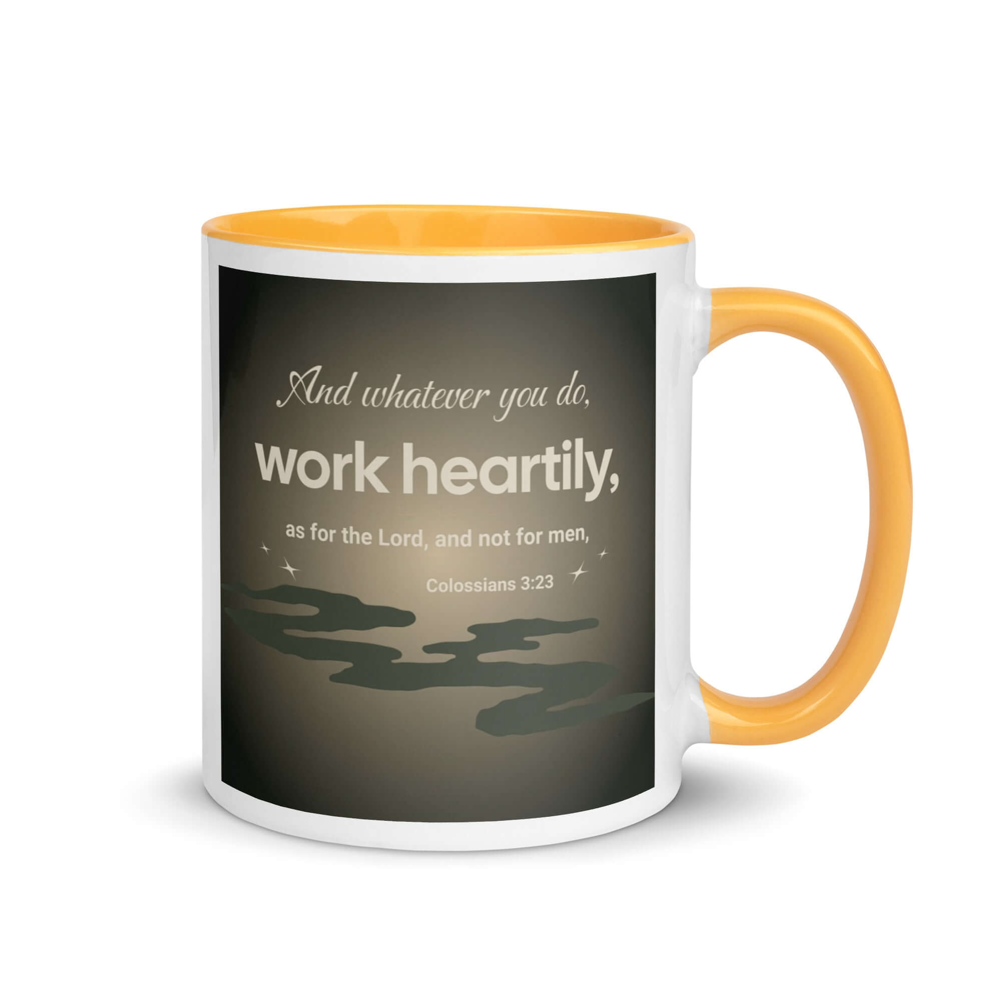 Colossians 3:23 Bible Verse, as for the Lord White Ceramic Mug with Color Inside Golden Yellow 11 oz