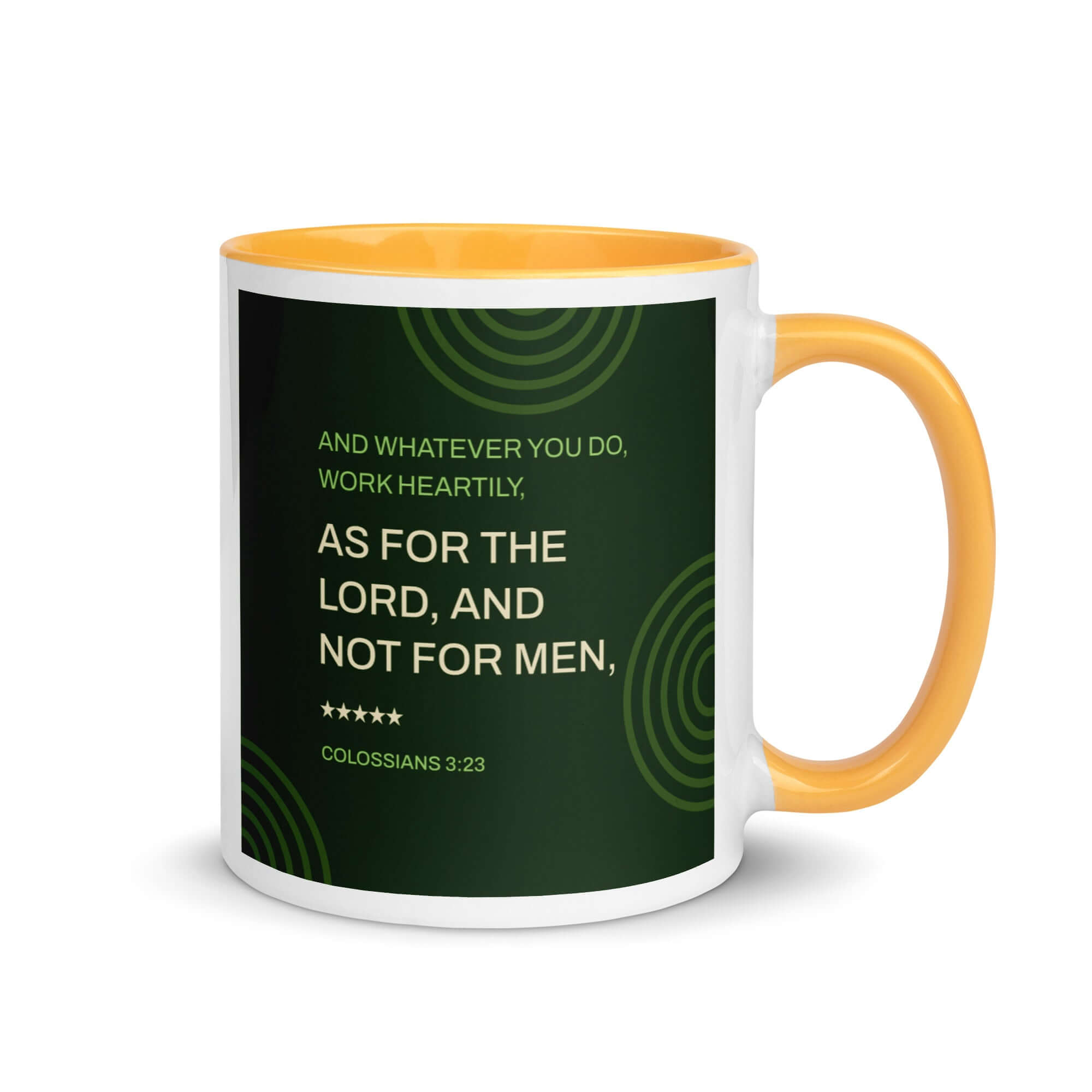 Colossians 3:23 Bible Verse, not for men White Ceramic Mug with Color Inside Golden Yellow 11 oz