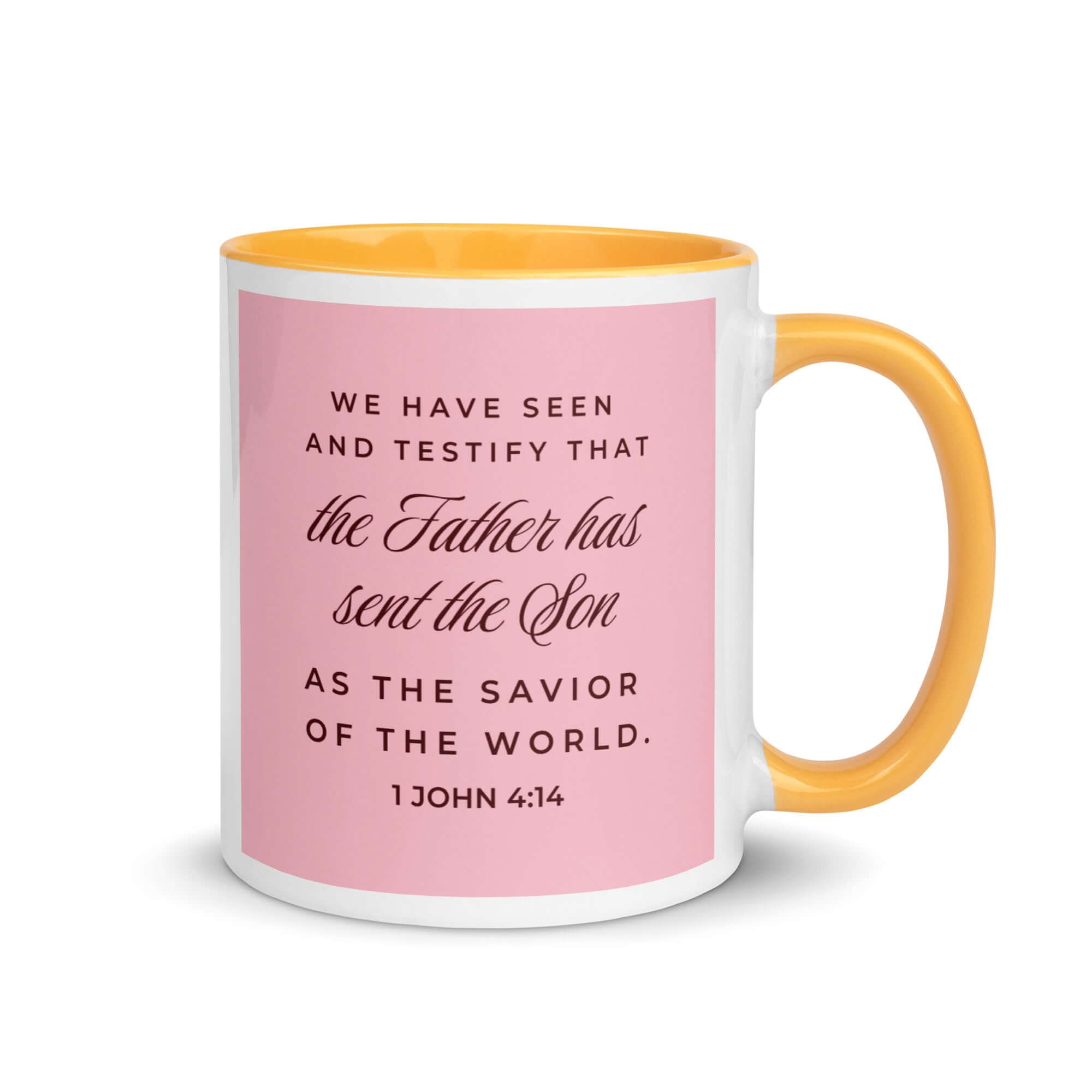 1 John 4:14 Bible Verse, We have seen White Ceramic Mug with Color Inside Golden Yellow 11 oz