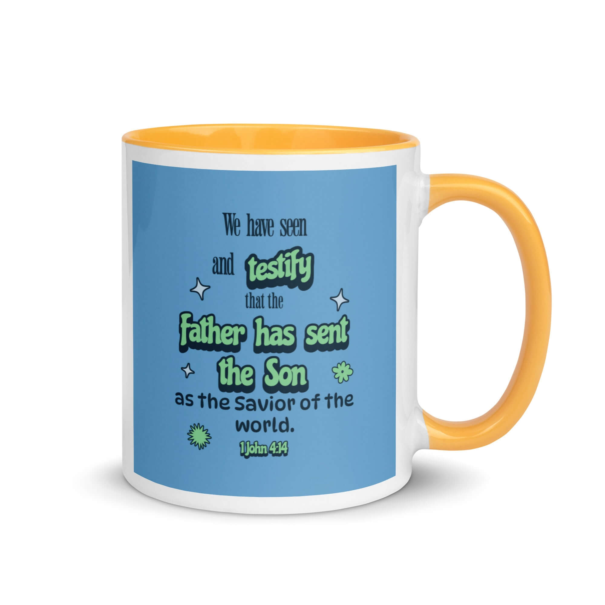 1 John 4:14 Bible Verse, sent the Son White Ceramic Mug with Color Inside Golden Yellow 11 oz