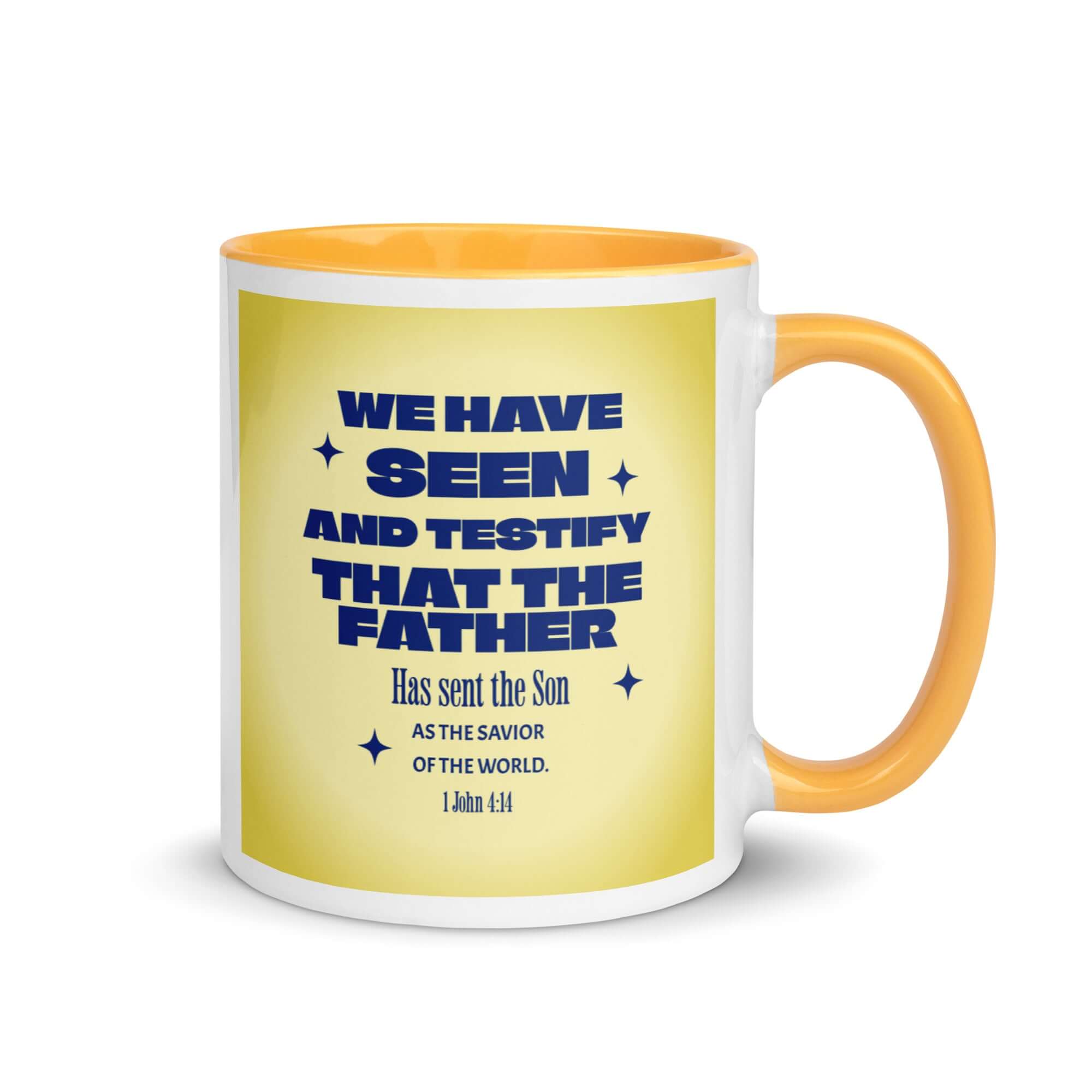 1 John 4:14 Bible Verse, Savior of the world White Ceramic Mug with Color Inside Golden Yellow 11 oz