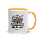 1 John 4:8 Bible Verse, God is Love White Ceramic Mug with Color Inside Golden Yellow 11 oz
