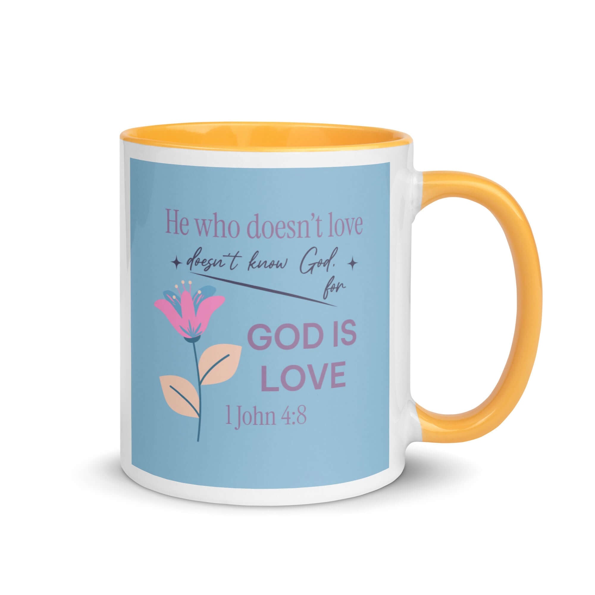 1 John 4:8 Bible Verse, doesn’t love White Ceramic Mug with Color Inside Golden Yellow 11 oz