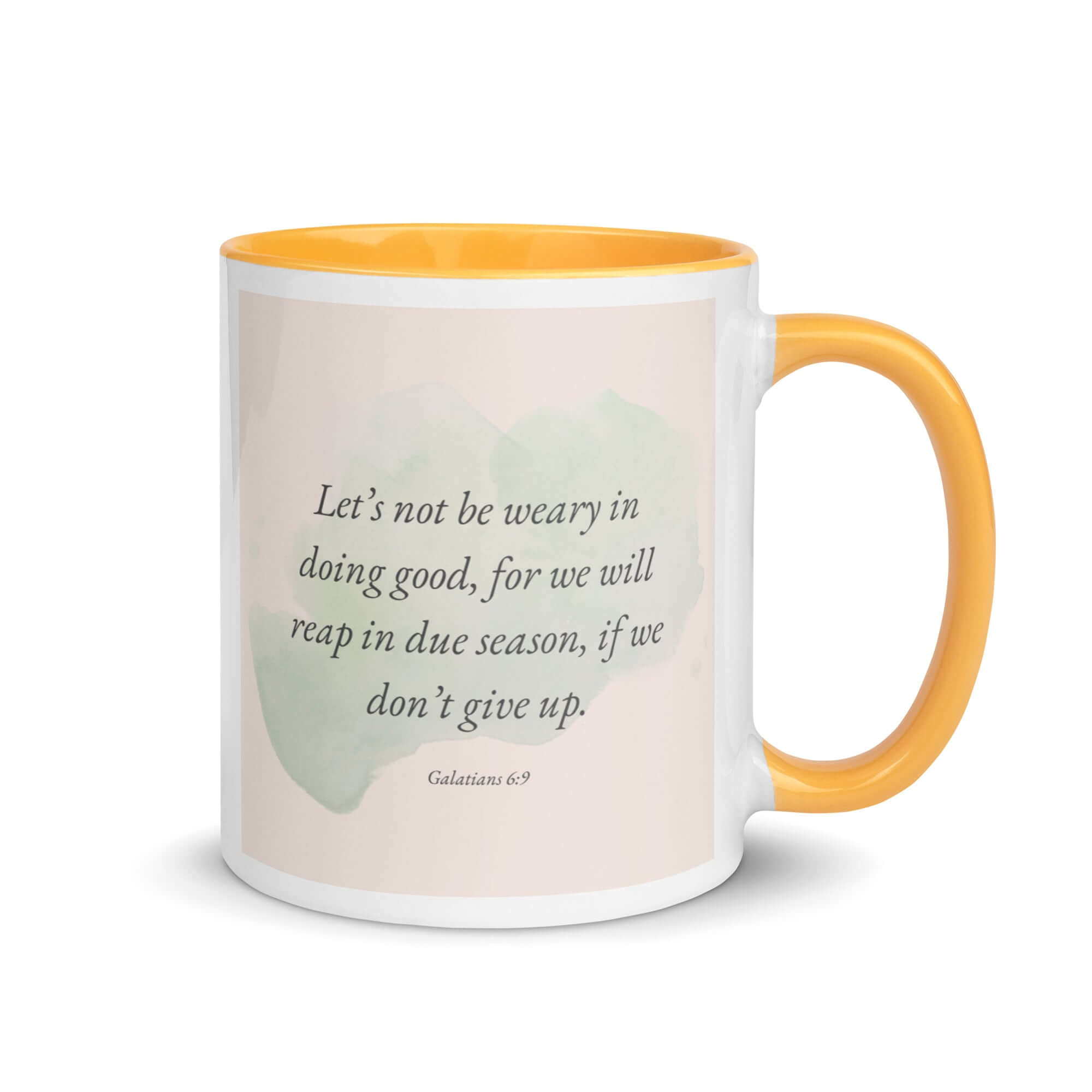 Galatians 6:9 Bible Verse, not be weary White Ceramic Mug with Color Inside Golden Yellow 11 oz