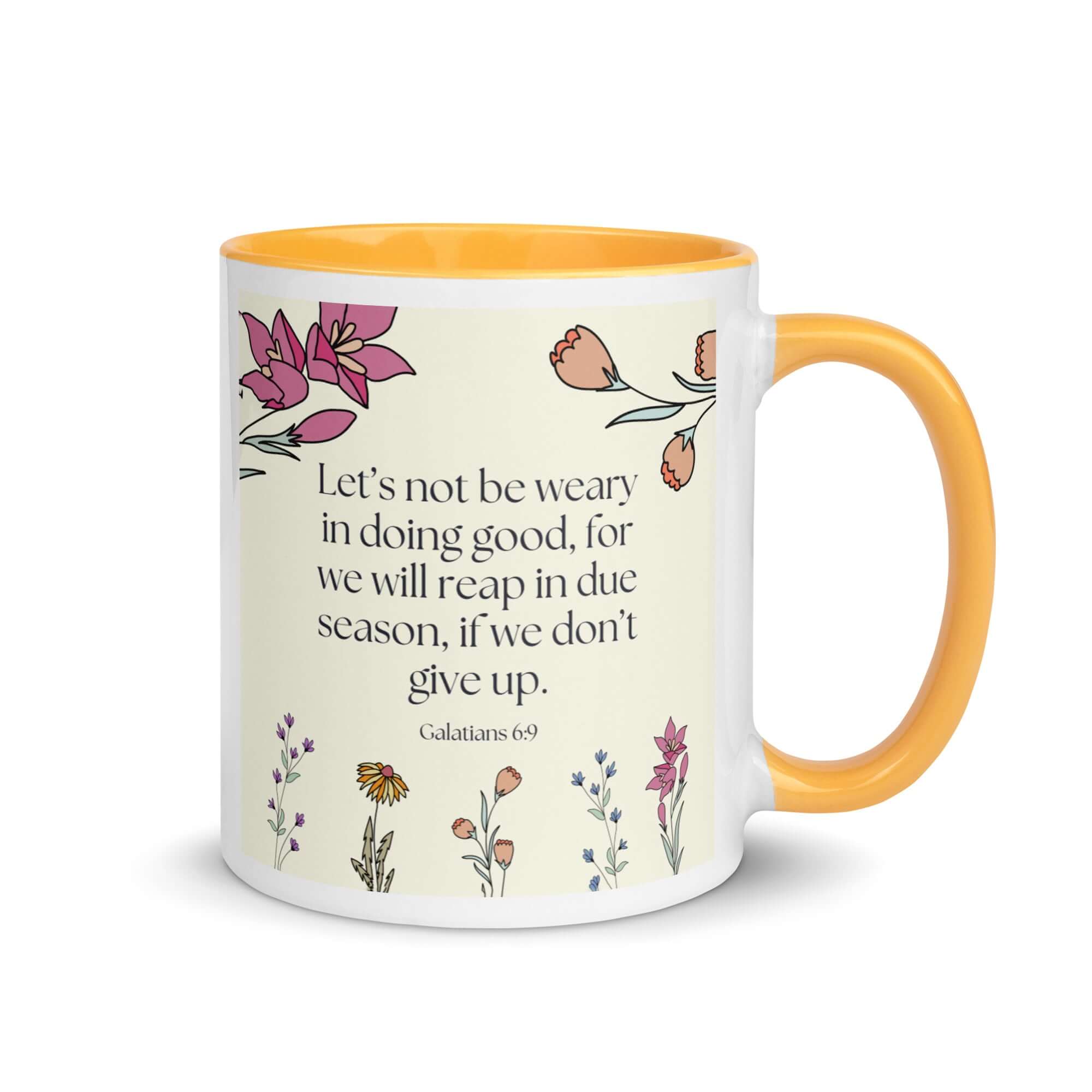 Galatians 6:9 Bible Verse, in doing good White Ceramic Mug with Color Inside Golden Yellow 11 oz