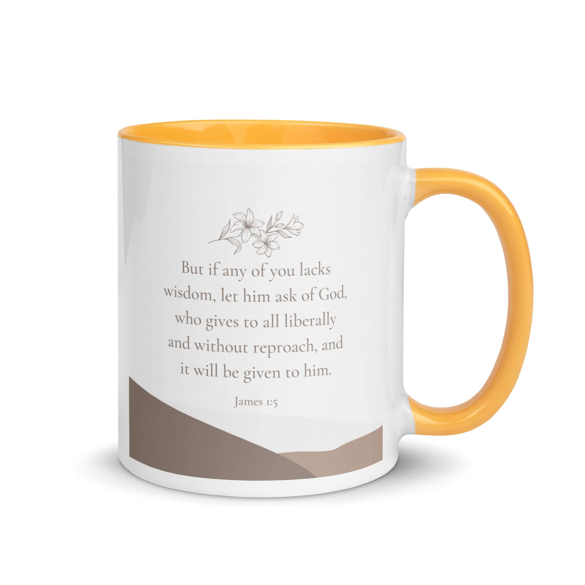 James 1:5 Bible Verse, ask of God White Ceramic Mug with Color Inside Golden Yellow 11 oz