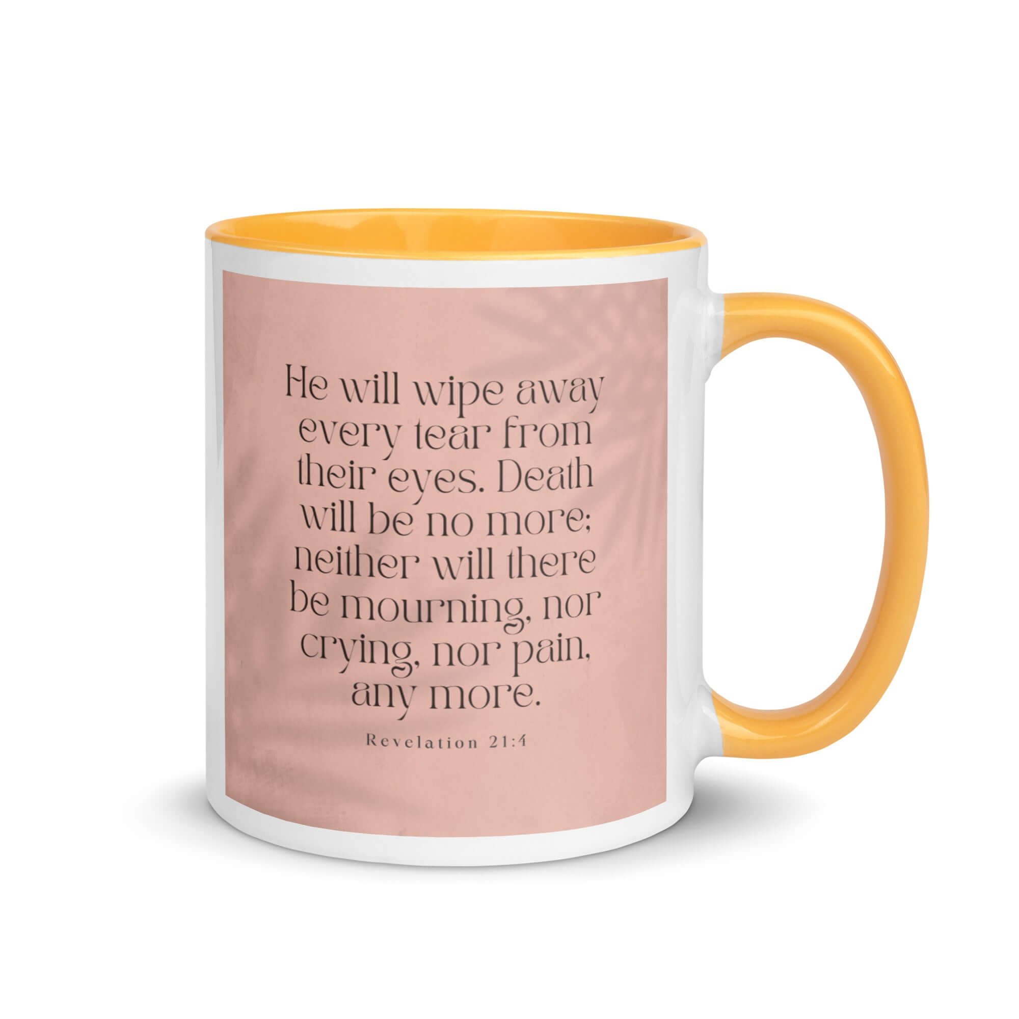 Revelation 21:4 Bible Verse, their eyes White Ceramic Mug with Color Inside Golden Yellow 11 oz