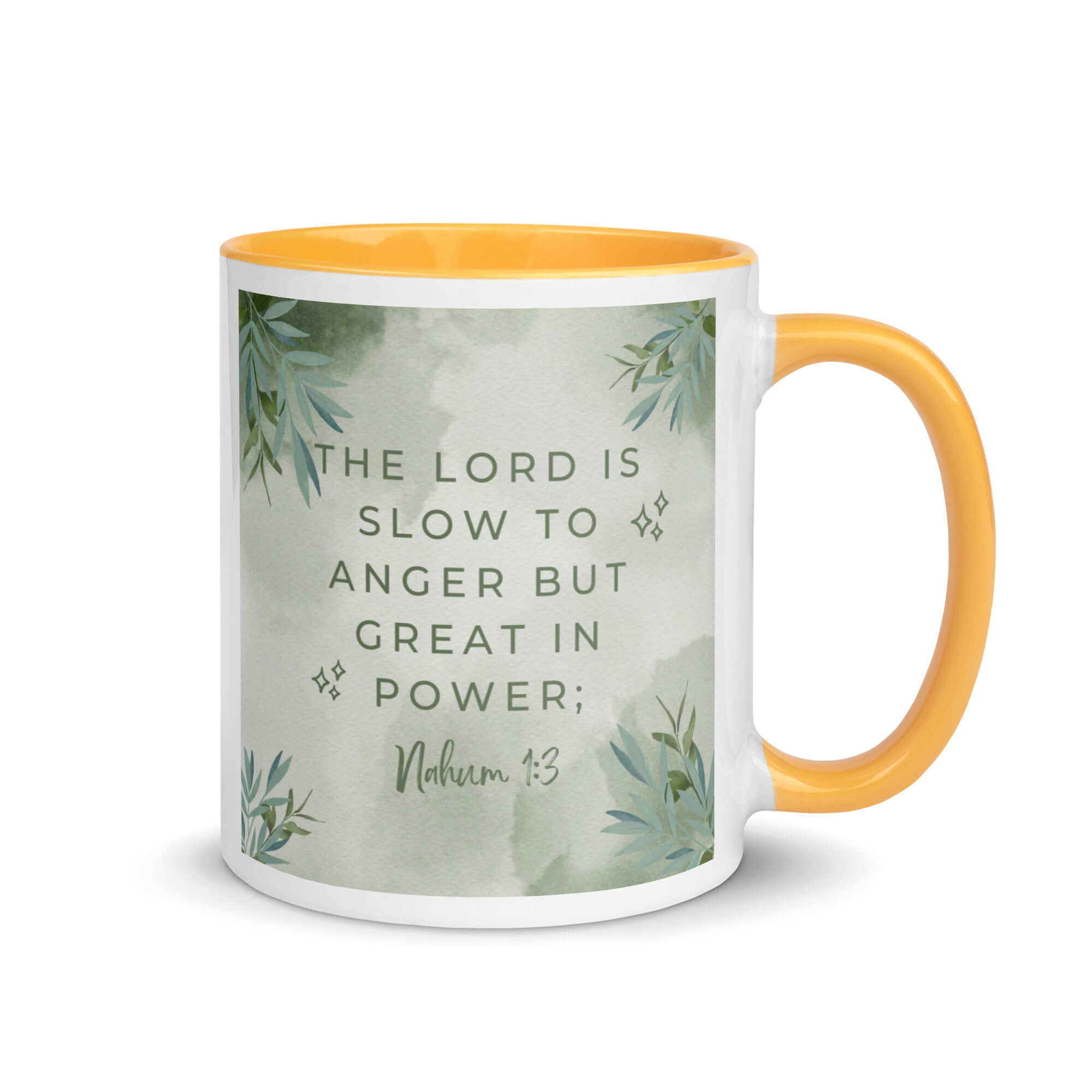 Nahum 1:3 Bible Verse, The Lord is slow White Ceramic Mug with Color Inside Golden Yellow 11 oz