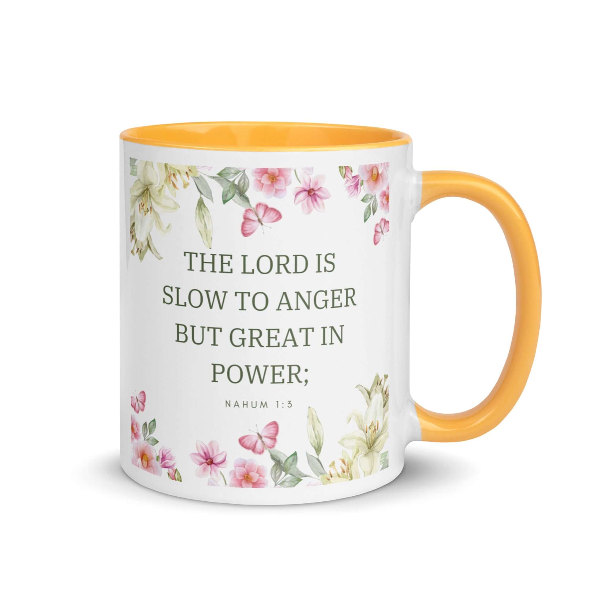 Nahum 1:3 Bible Verse, slow to anger White Ceramic Mug with Color Inside Golden Yellow 11 oz