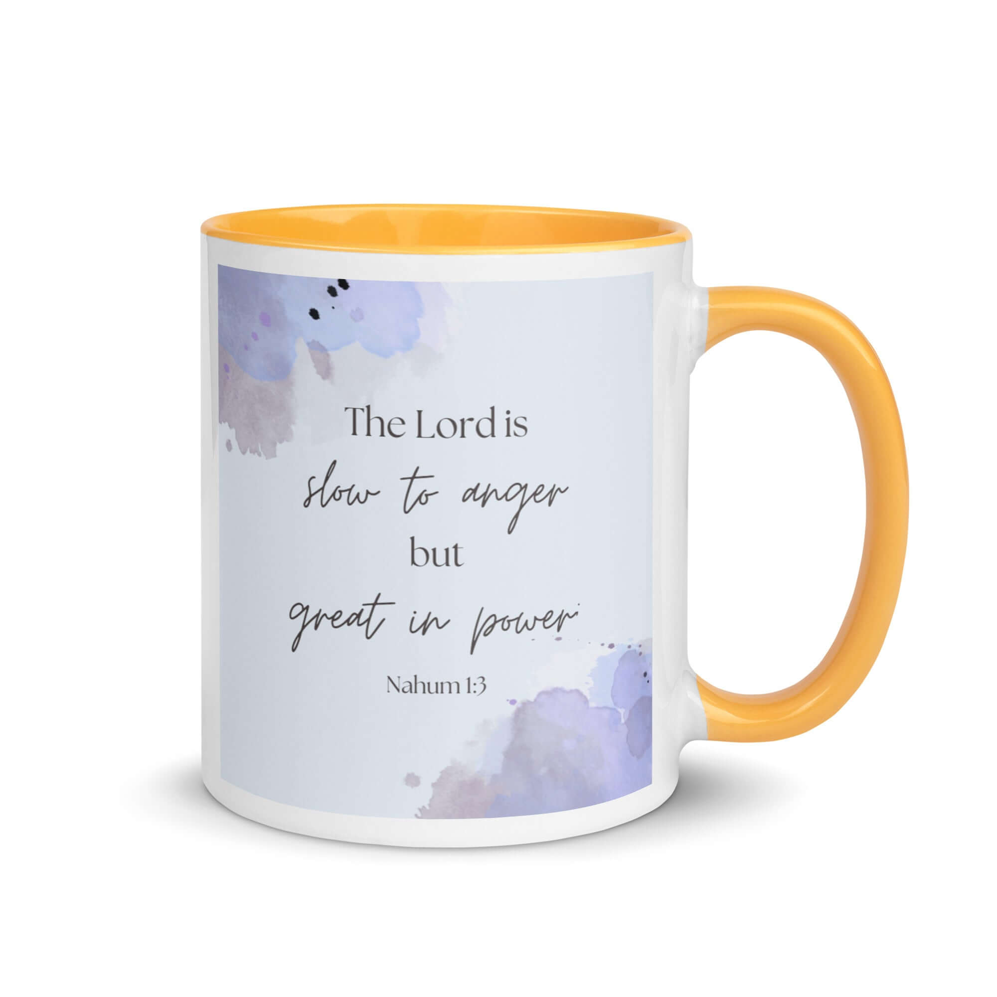 Nahum 1:3 Bible Verse, great in power White Ceramic Mug with Color Inside Golden Yellow 11 oz