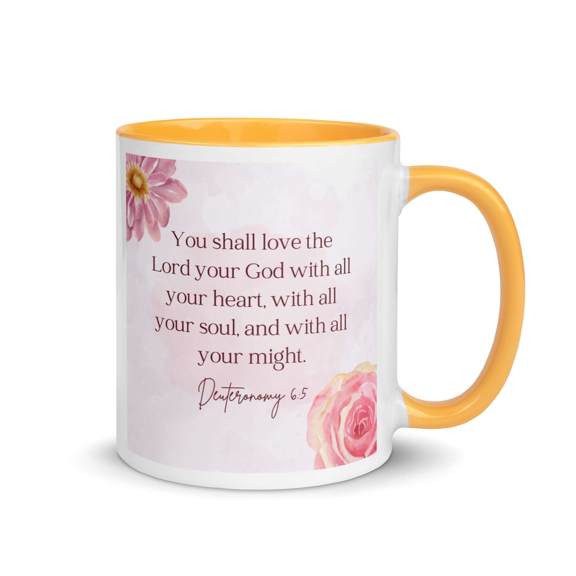 Deuteronomy 6:5 Bible Verse, the Lord White Ceramic Mug with Color Inside Golden Yellow 11 oz