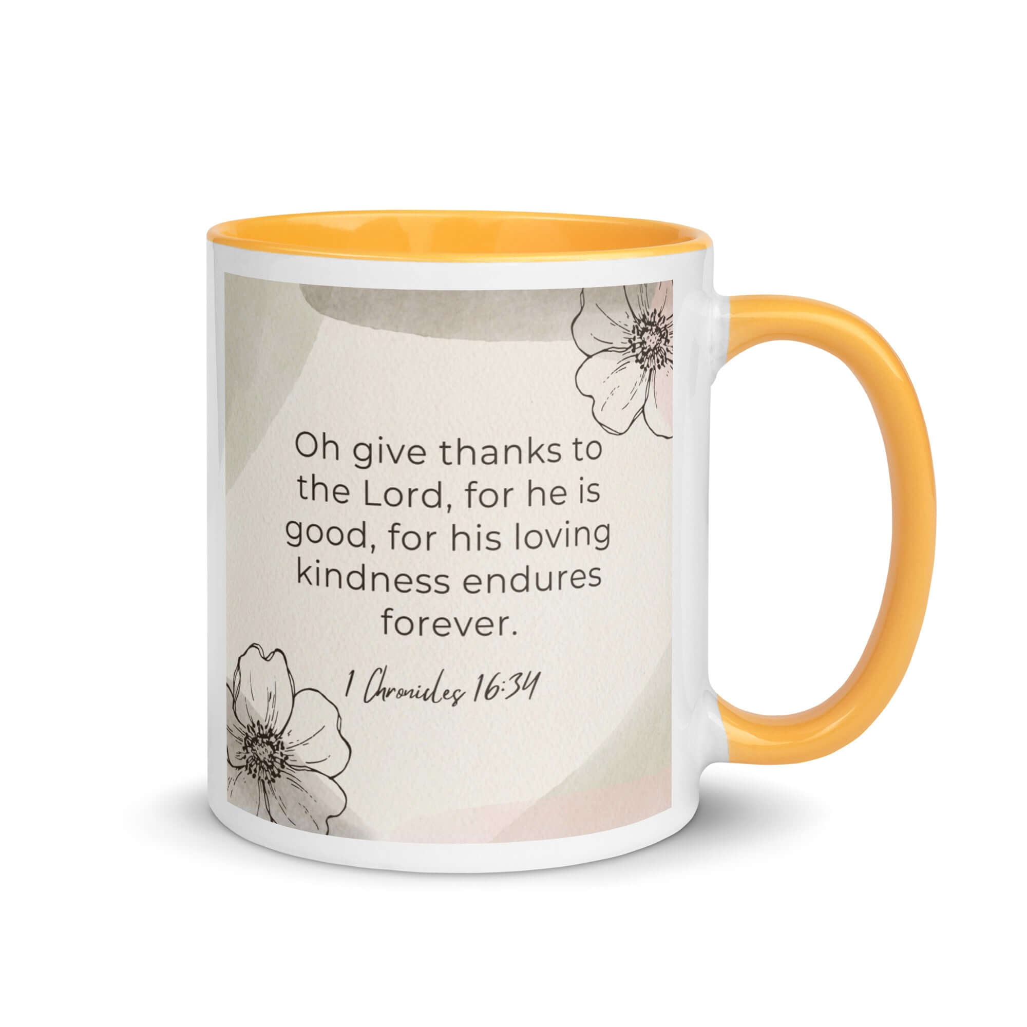 1 Chronicles 16:34 Bible Verse, He is good White Ceramic Mug with Color Inside Golden Yellow 11 oz