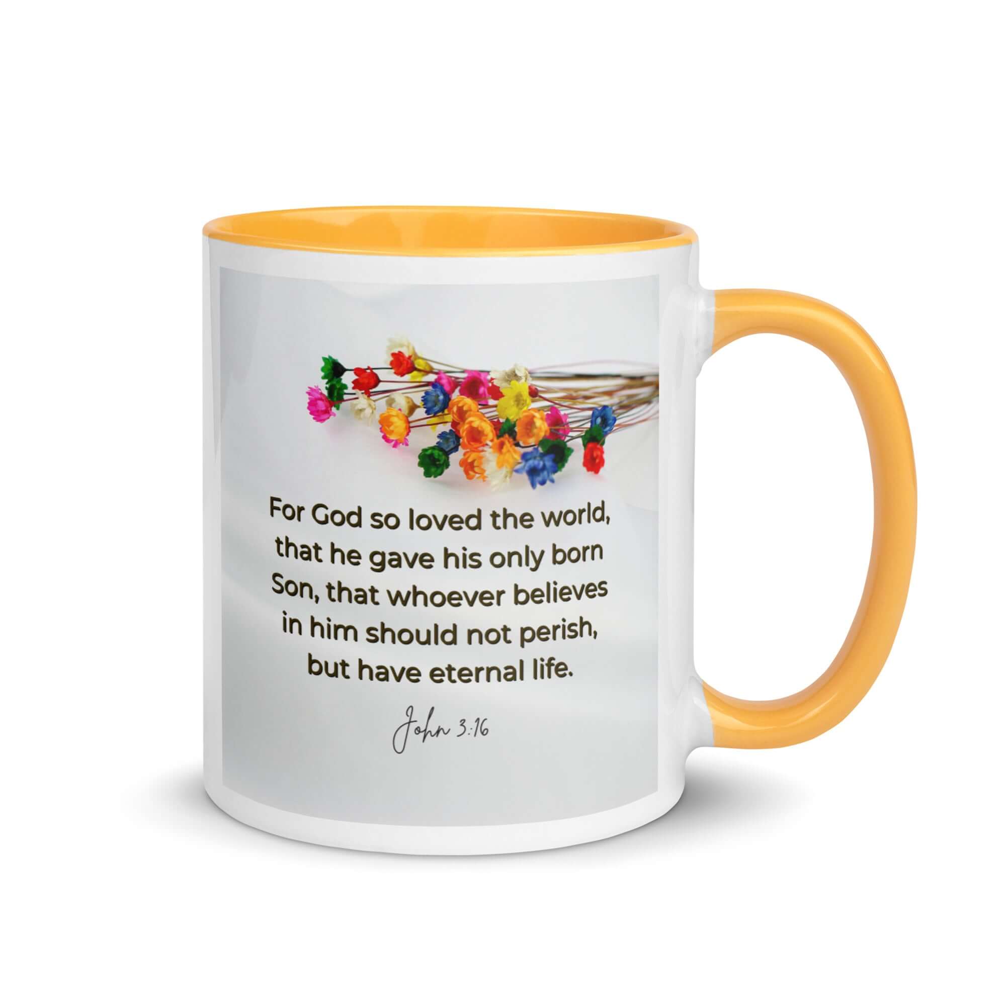 John 3:16 Bible Verse, He gave His Son White Ceramic Mug with Color Inside Golden Yellow 11 oz