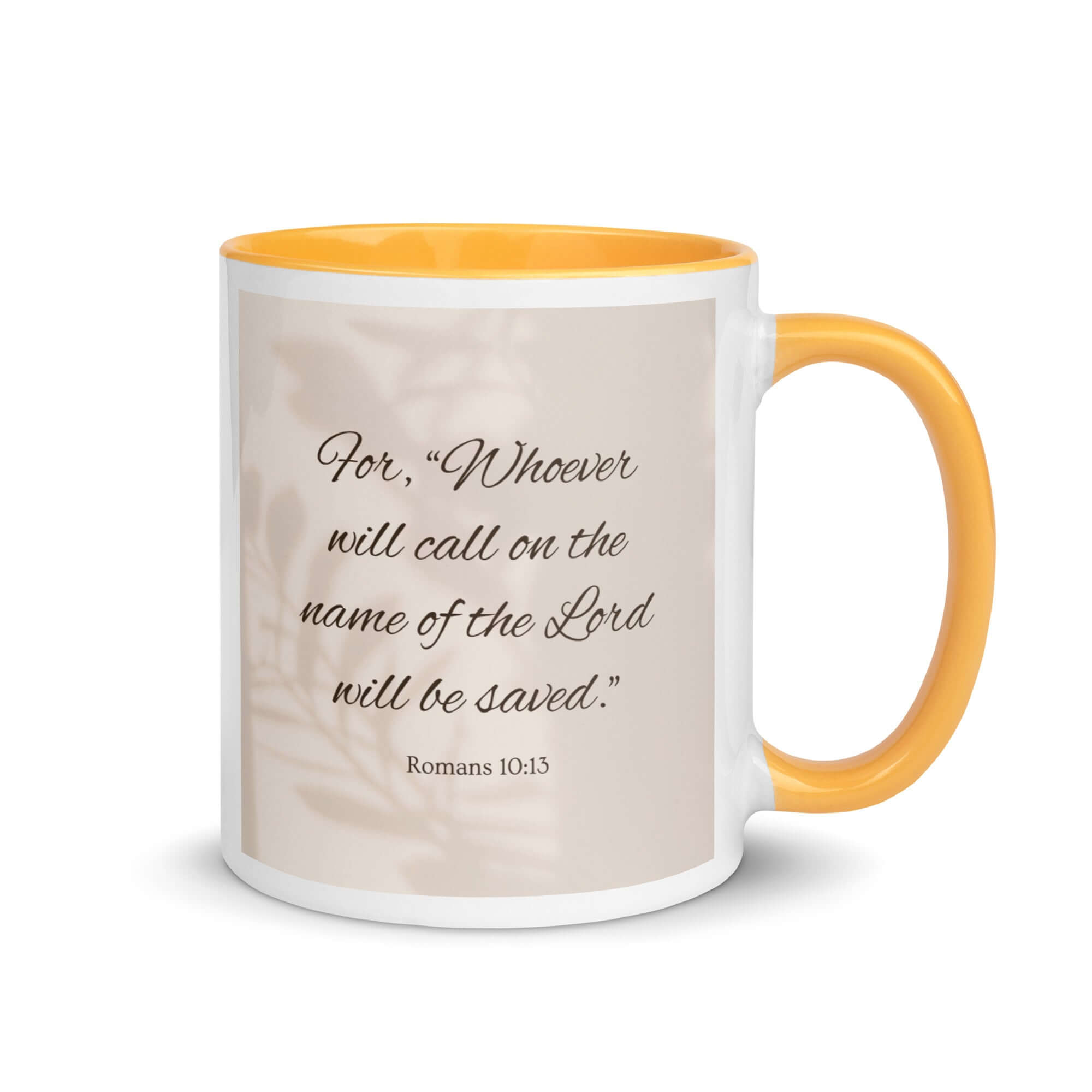 Romans 10:13 Bible Verse, Whoever White Ceramic Mug with Color Inside Golden Yellow 11 oz