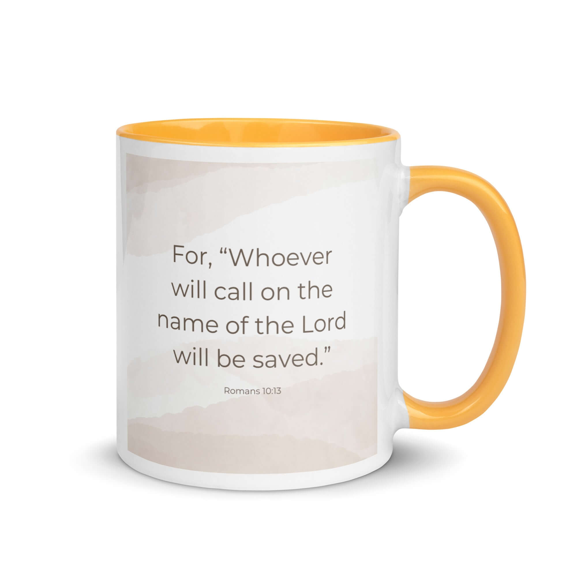 Romans 10:13 Bible Verse, the name White Ceramic Mug with Color Inside Golden Yellow 11 oz
