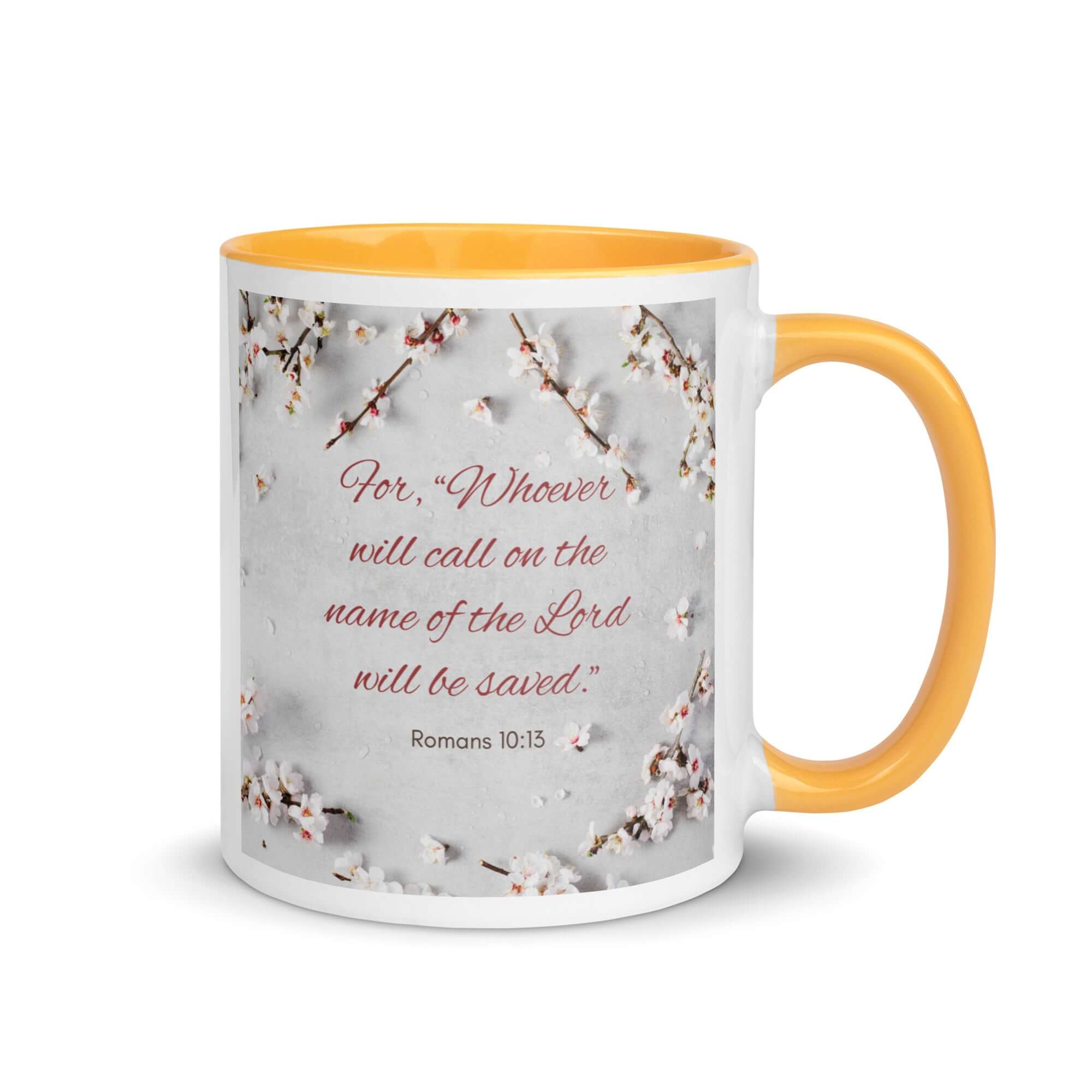 Romans 10:13 Bible Verse, the Lord White Ceramic Mug with Color Inside Golden Yellow 11 oz