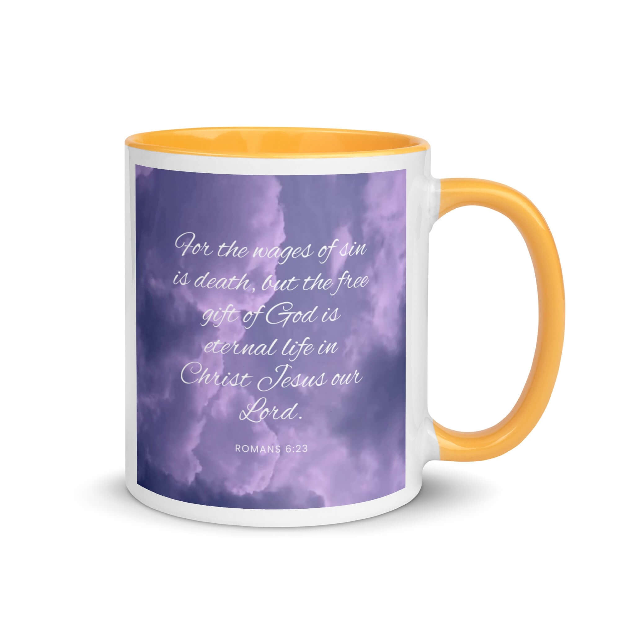 Romans 6:23 Bible Verse, free gift White Ceramic Mug with Color Inside Golden Yellow 11 oz