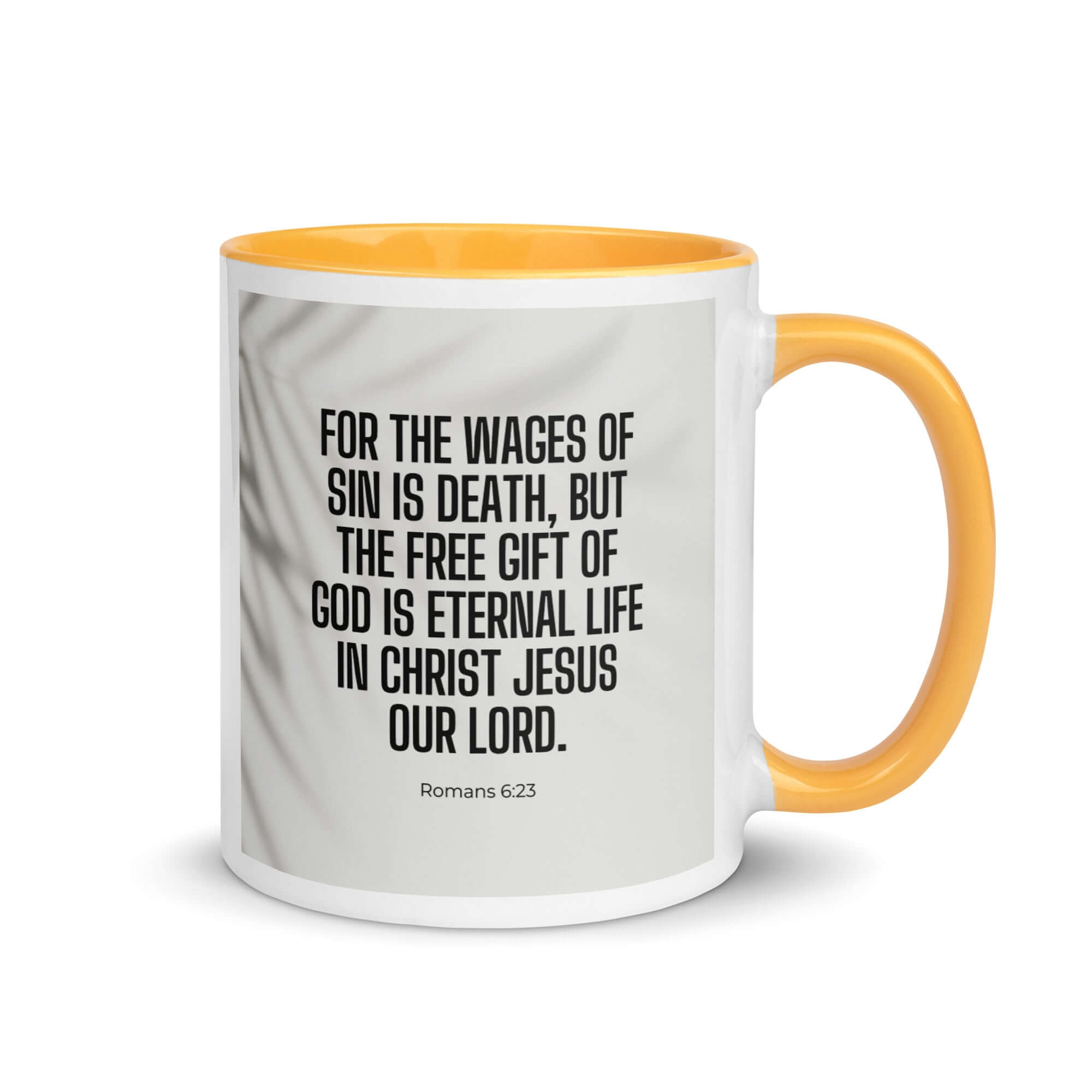 Romans 6:23 Bible Verse, eternal life White Ceramic Mug with Color Inside Golden Yellow 11 oz