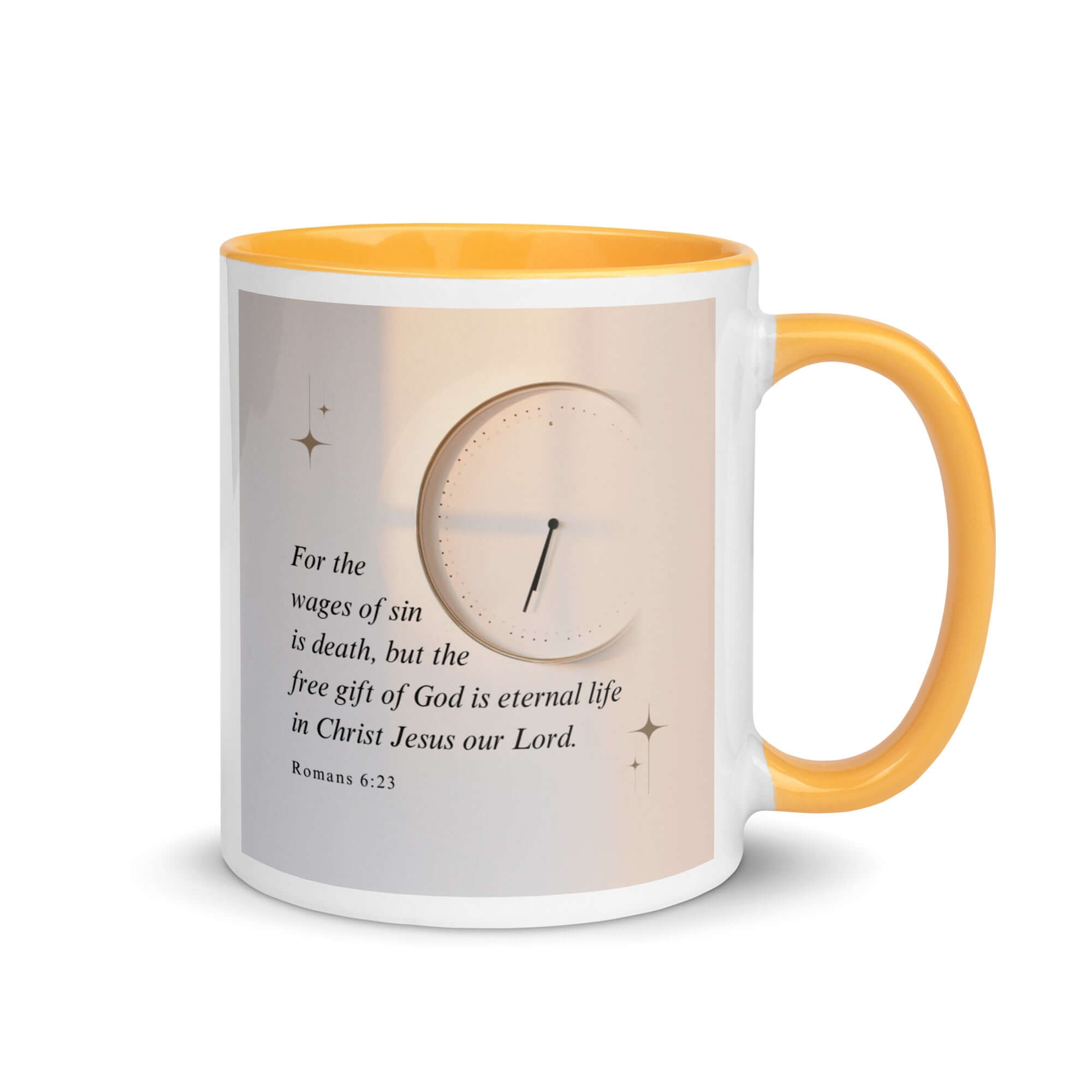 Romans 6:23 Bible Verse, our Lord White Ceramic Mug with Color Inside Golden Yellow 11 oz