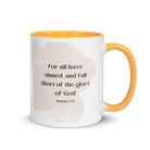 Romans 3:23 Bible Verse, fall short White Ceramic Mug with Color Inside Golden Yellow 11 oz