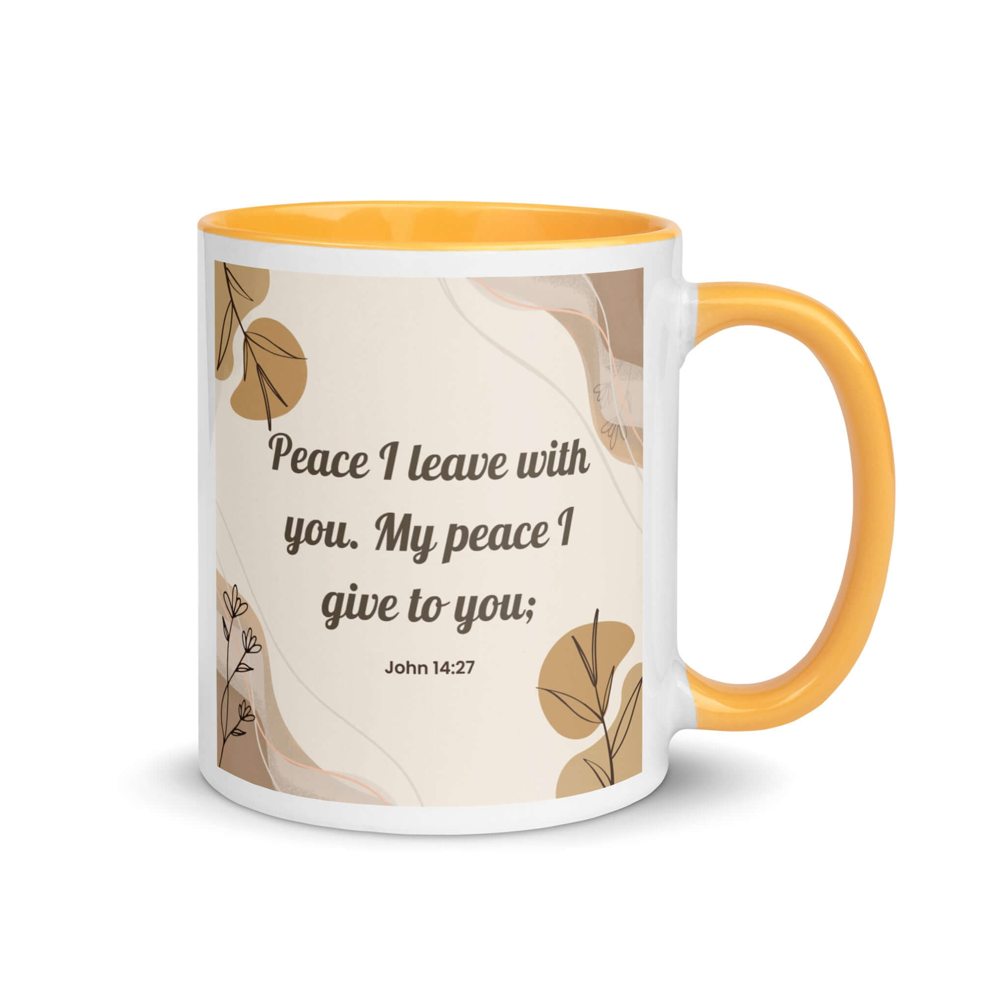 John 14:27 Bible Verse, Peace I White Ceramic Mug with Color Inside Golden Yellow 11 oz