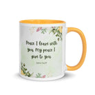 John 14:27 Bible Verse, My peace White Ceramic Mug with Color Inside Golden Yellow 11 oz