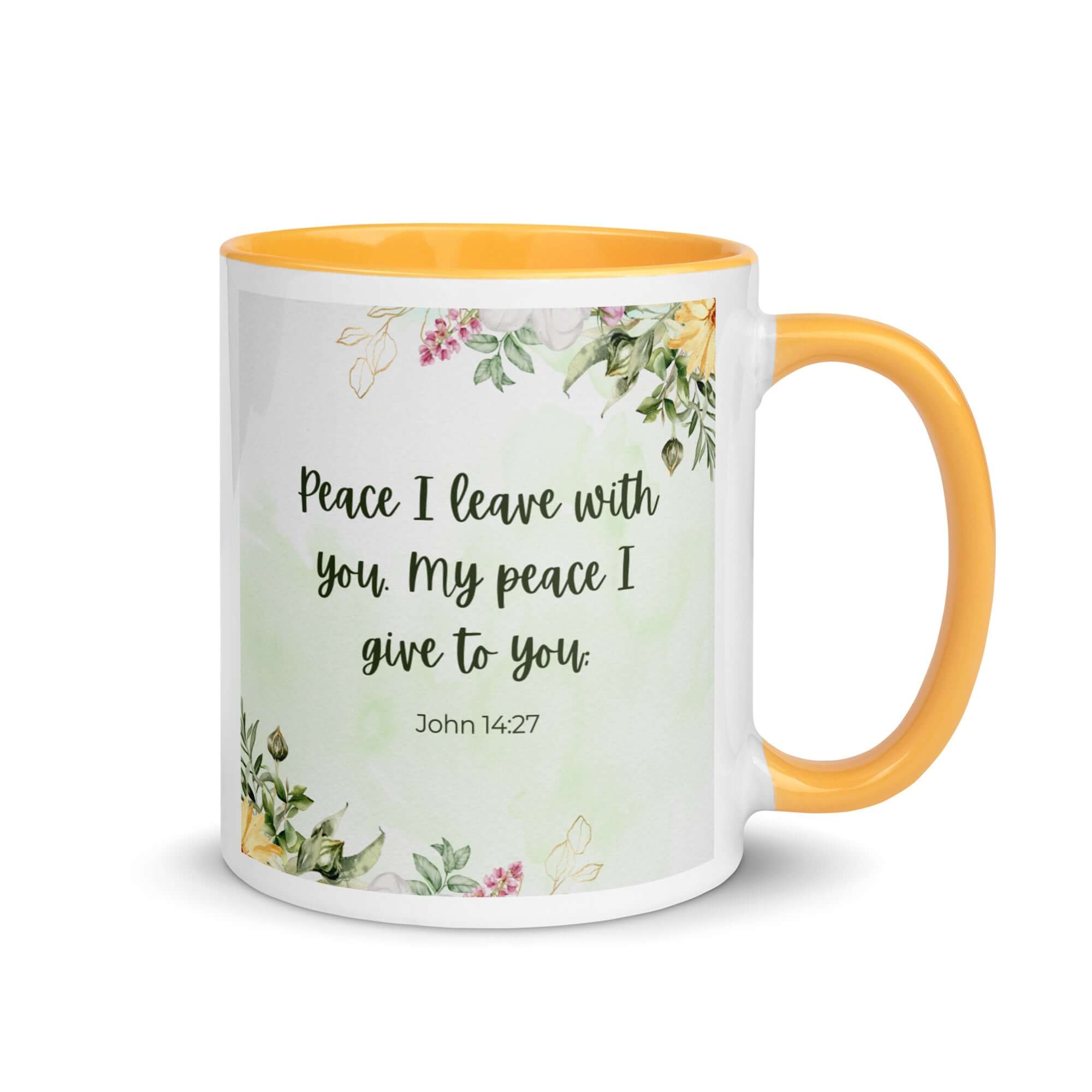 John 14:27 Bible Verse, My peace White Ceramic Mug with Color Inside Golden Yellow 11 oz